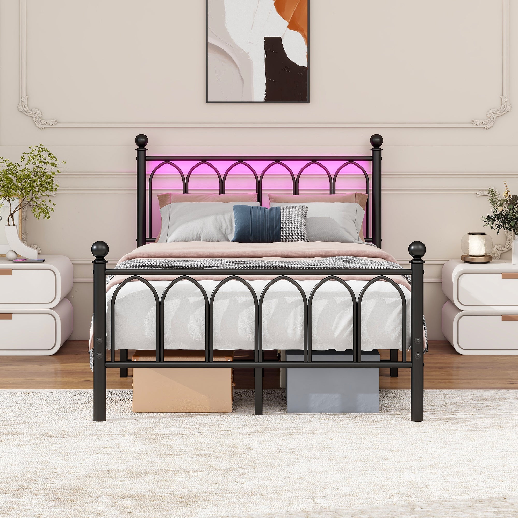 Metal Bed Frame with Vintage Headboard, Footboard, USB & LED, Black