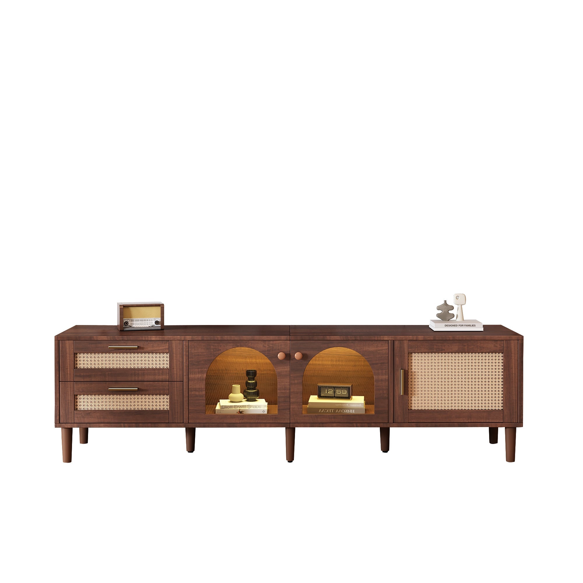 TV Cabinet 180cm, for 80-inch TV with 2 Rattan Drawers, 2 Curved Glass Doors, 1 Rattan Door & LED Lighting, Brown