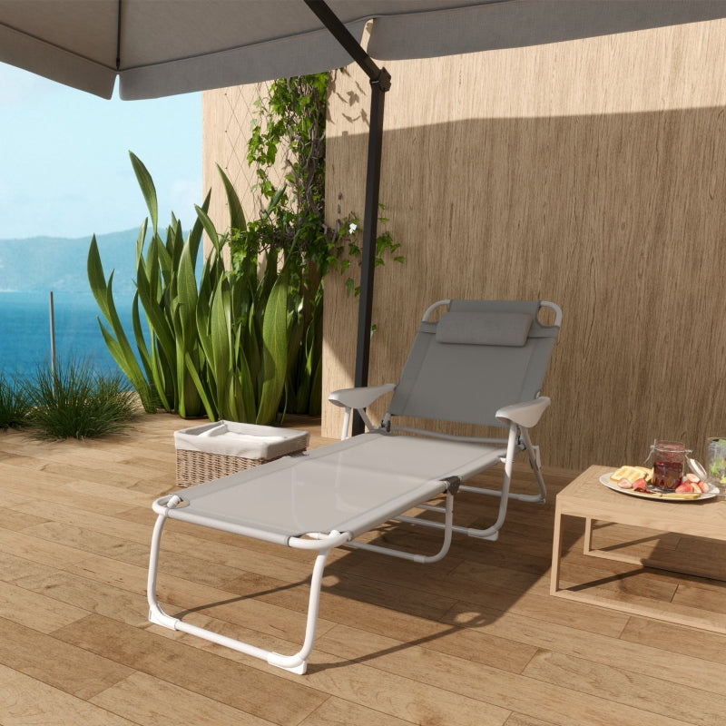 Folding Sun Lounger Deck Chair 4-Position Adjustable 120kg Capacity, Light Grey