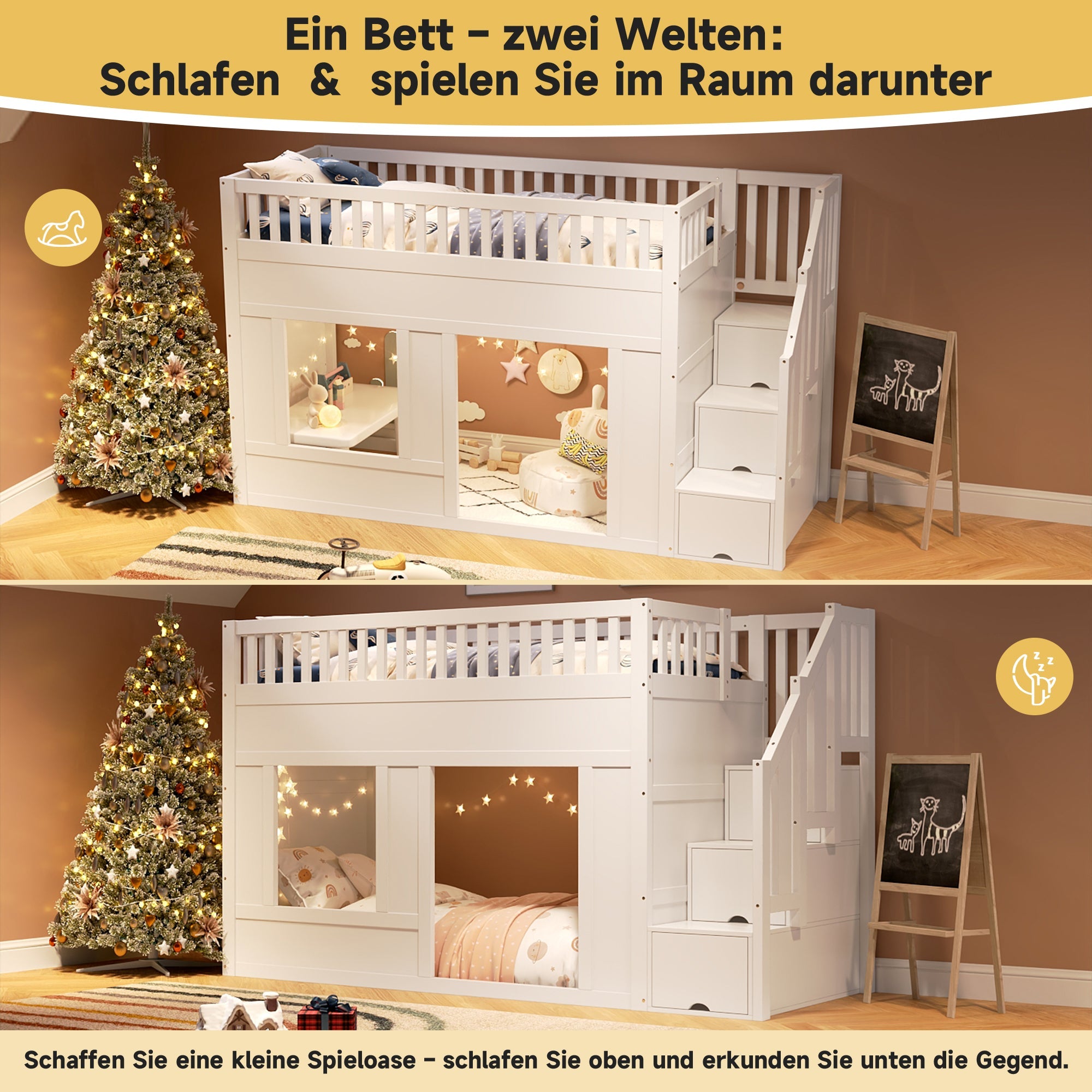 Bunk Loft Bed with Staircase Wardrobe and Convertible Play Area, 90x200cm, White