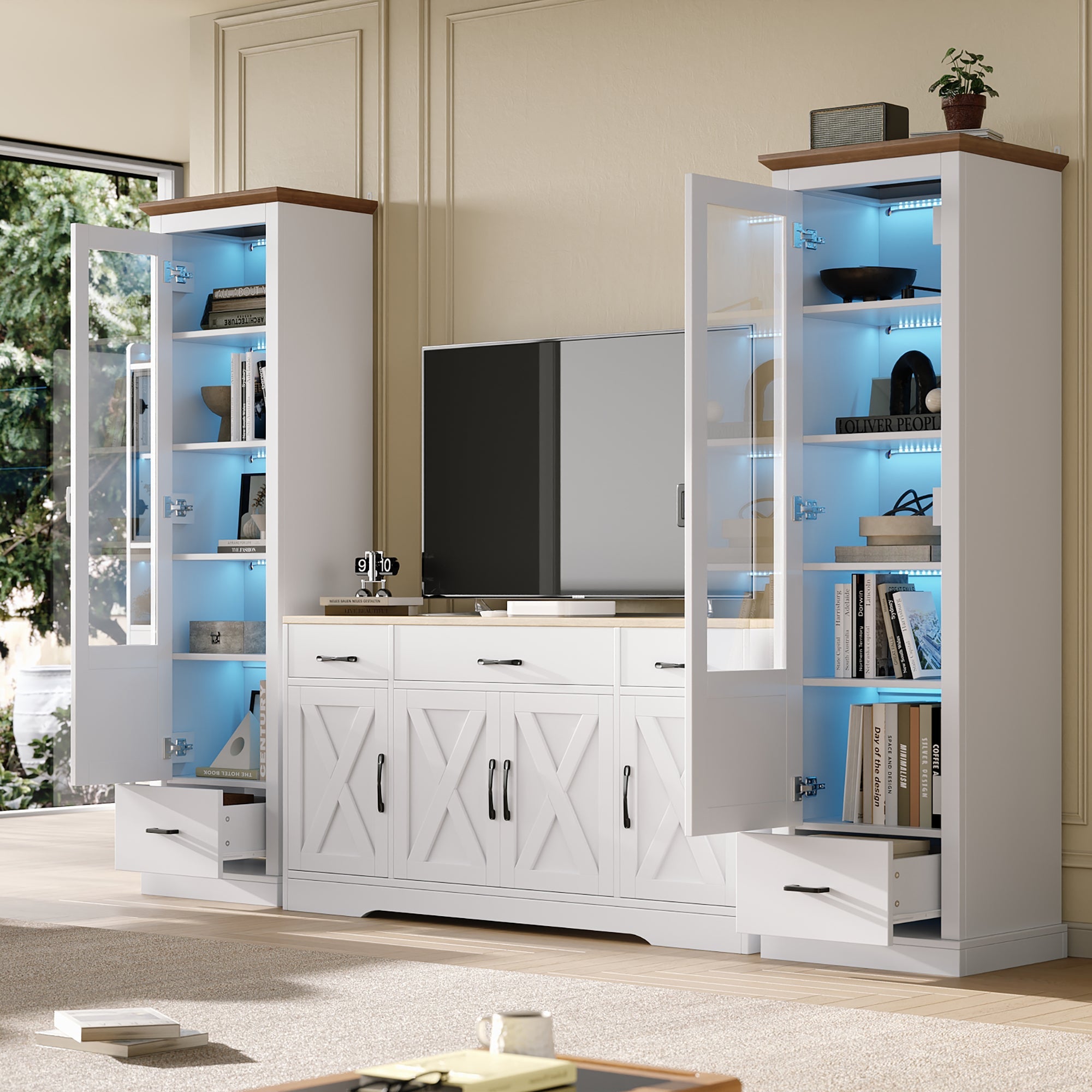 Modern LED Display Cabinet 178cm, USB/Remote, Freestanding, 5 Compartments, Matte White