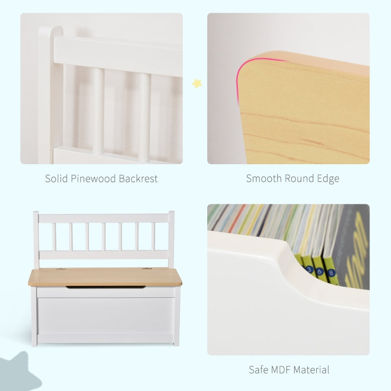 2 In 1 Wooden Toy Box Seat Storage Bench with Safety Pneumatic Rod, White Engineered Wood