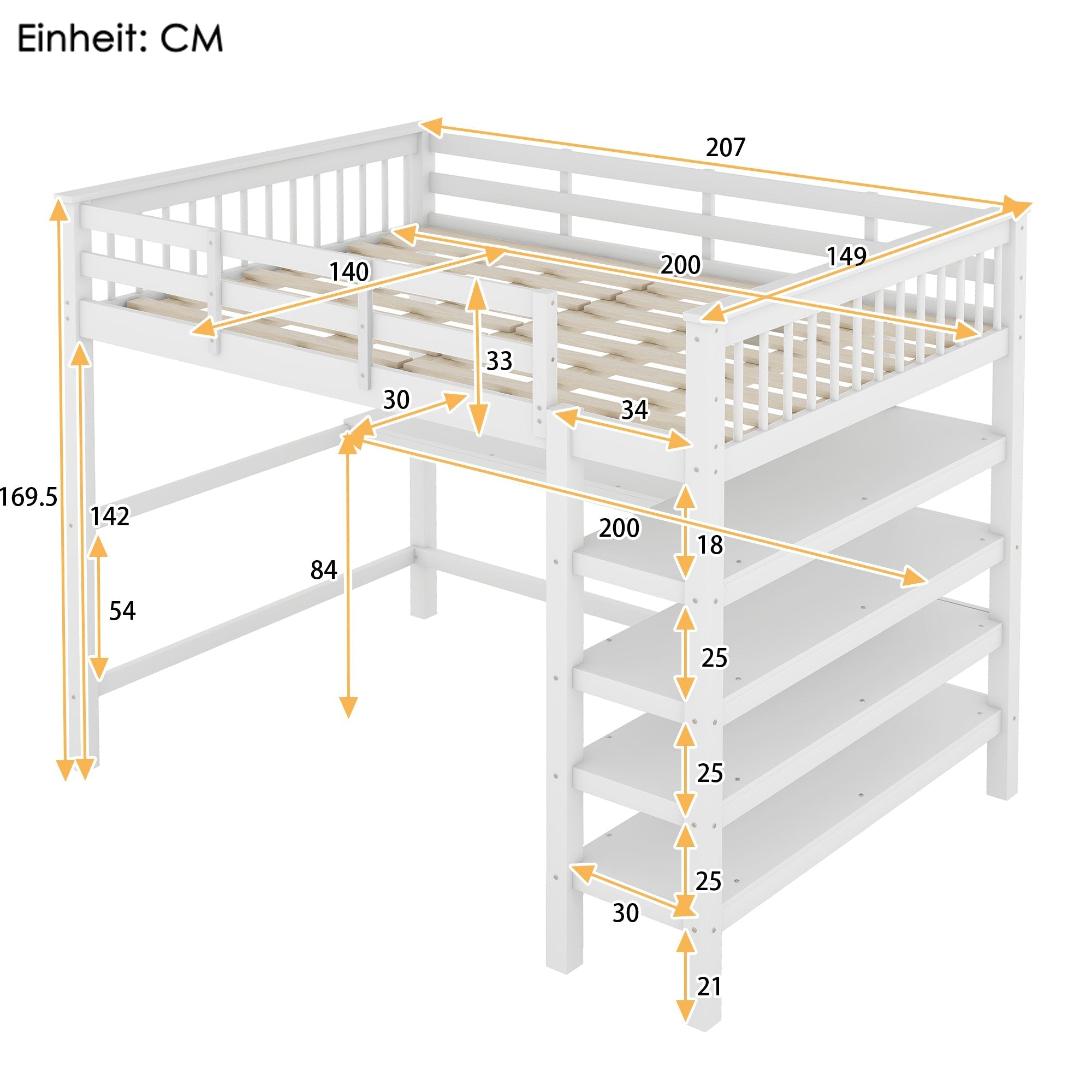 Loft Bed 140x200cm with Storage and Under-bed Desk - White