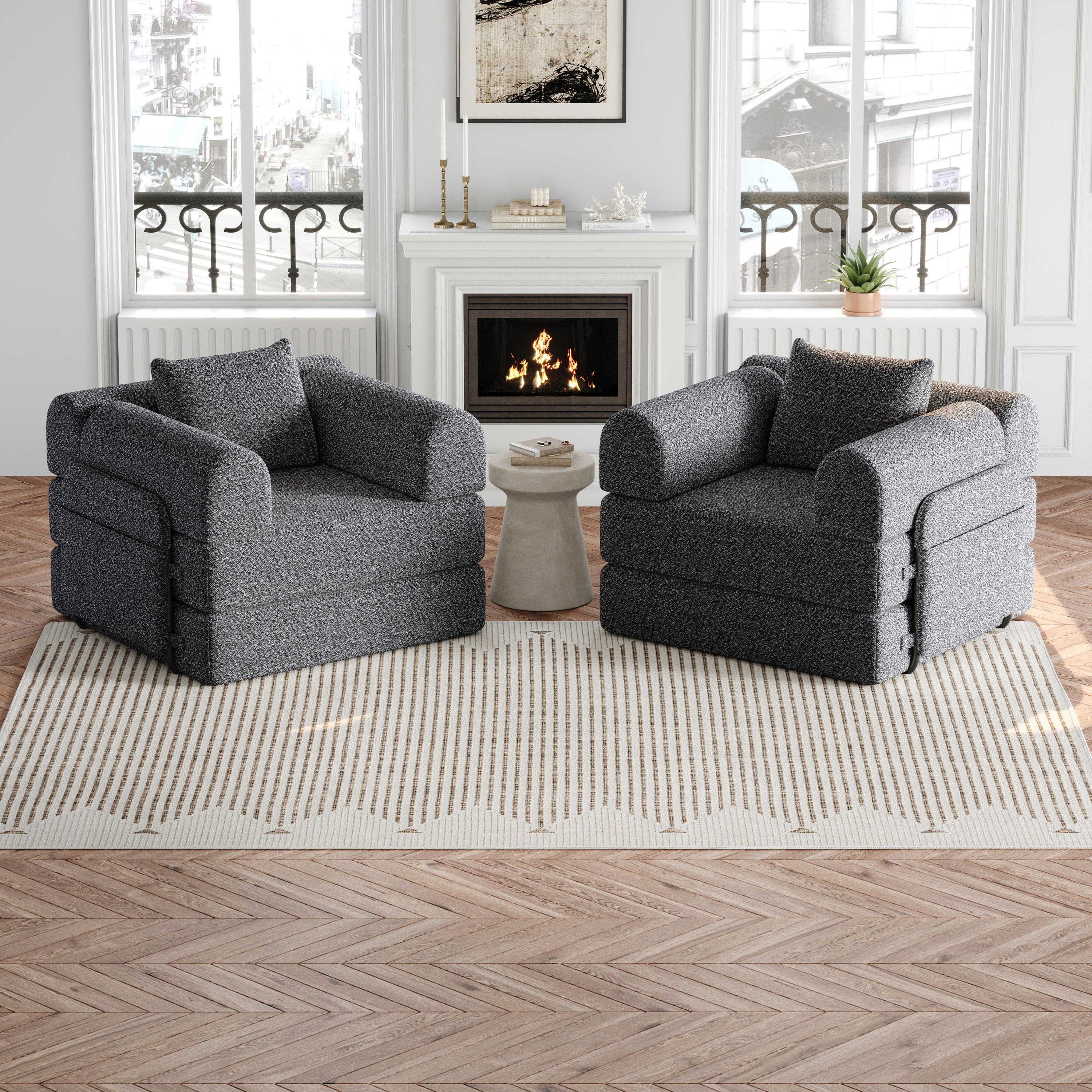 Chenille 2-in-1 Sleeper Sofa with Armrest Storage and Metal Frame, Multiple Configurations, Gray Chenille