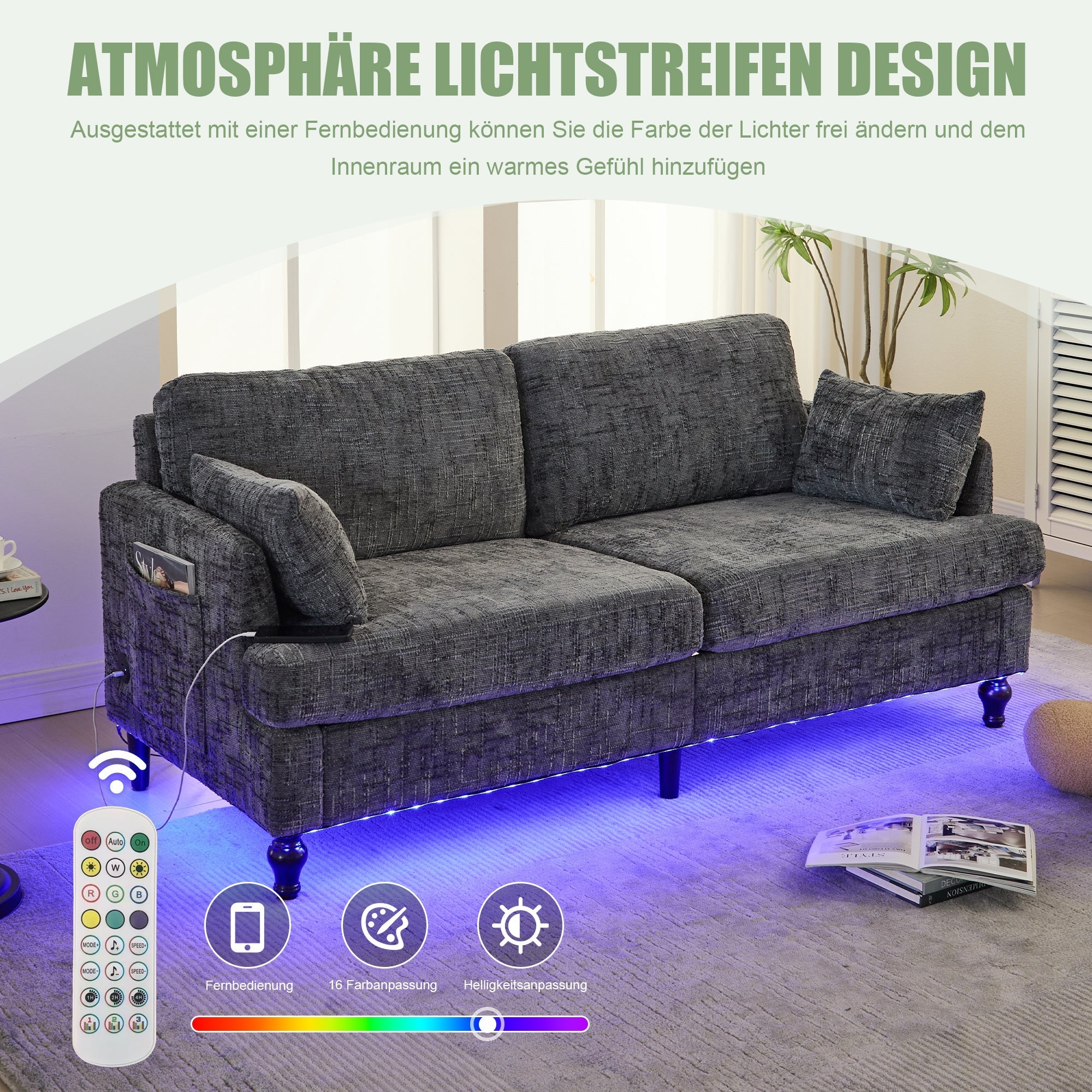 Sofa, 2-Seater with LED, USB, Storage, Chenille