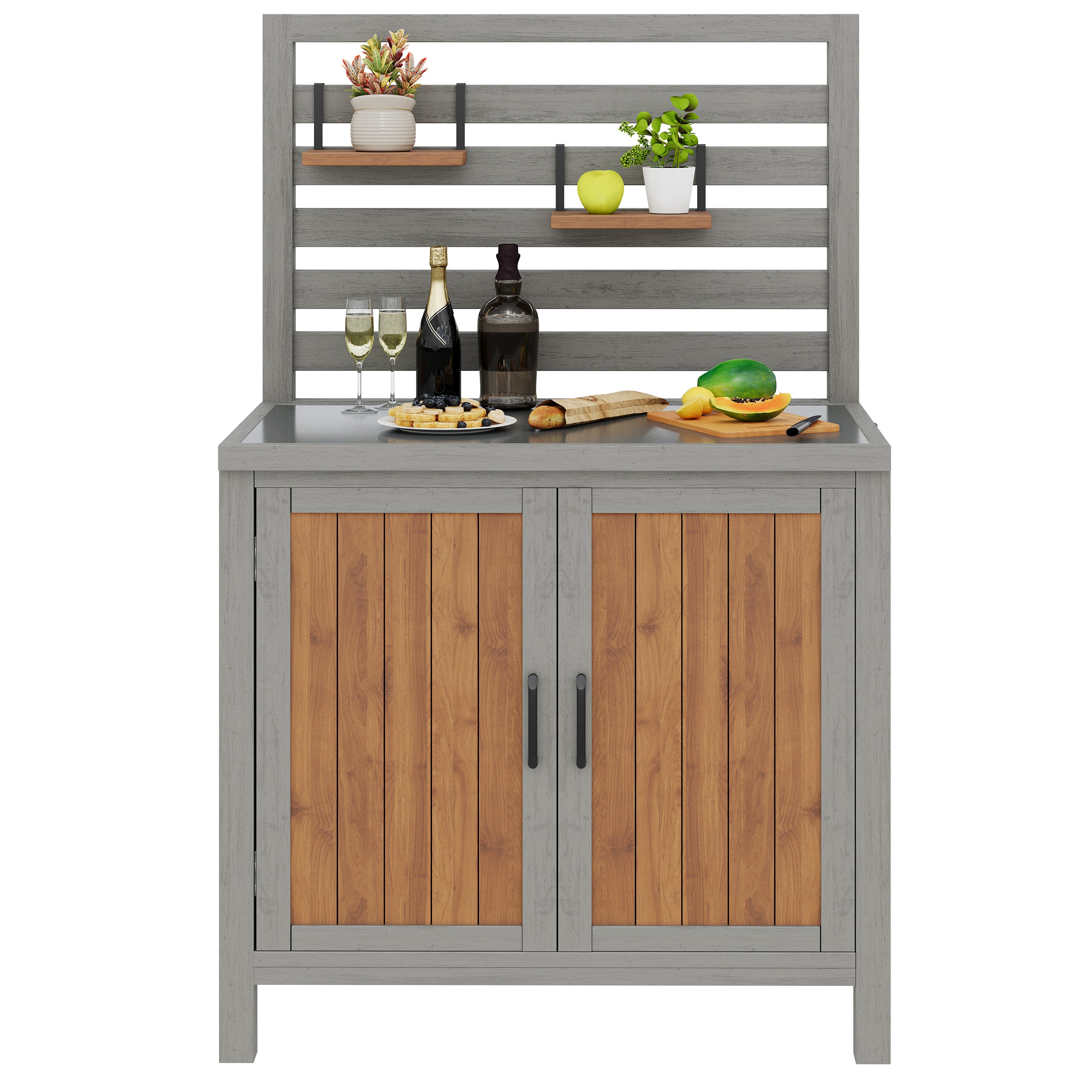 Weatherproof Garden Cabinet with Stainless Steel Worktop and Adjustable Shelves, Wooden