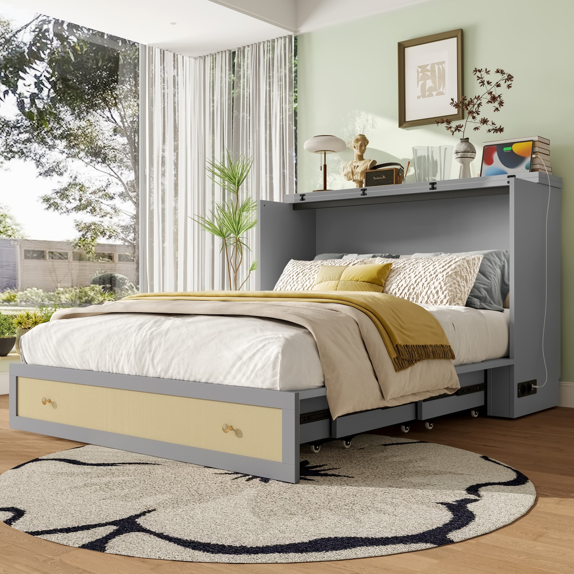 Wall Bed 140x200cm Mobile Convertible Storage Drawers Shelf USB/Power Outlet - Grey