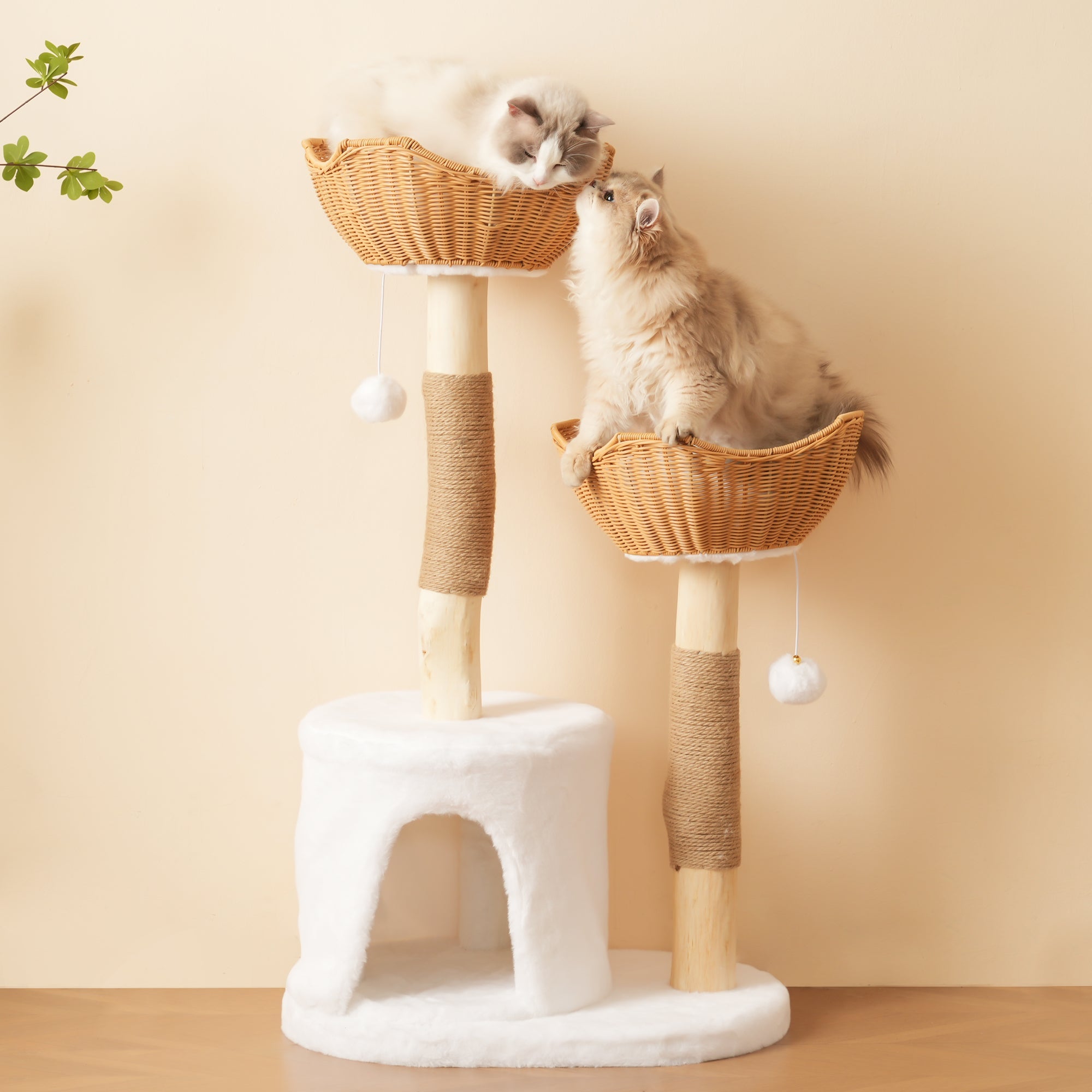 Solid Wood Cat Tree 108cm, Scratching Post 2 Baskets & Cave for Large Cats, Natural Wood & Sisal