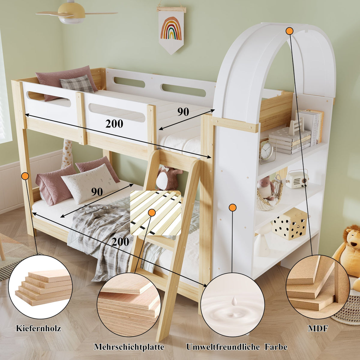 Bunk Bed 90x200cm 3-Tier Shelf Ladder Slatted Base - White/Natural Pine