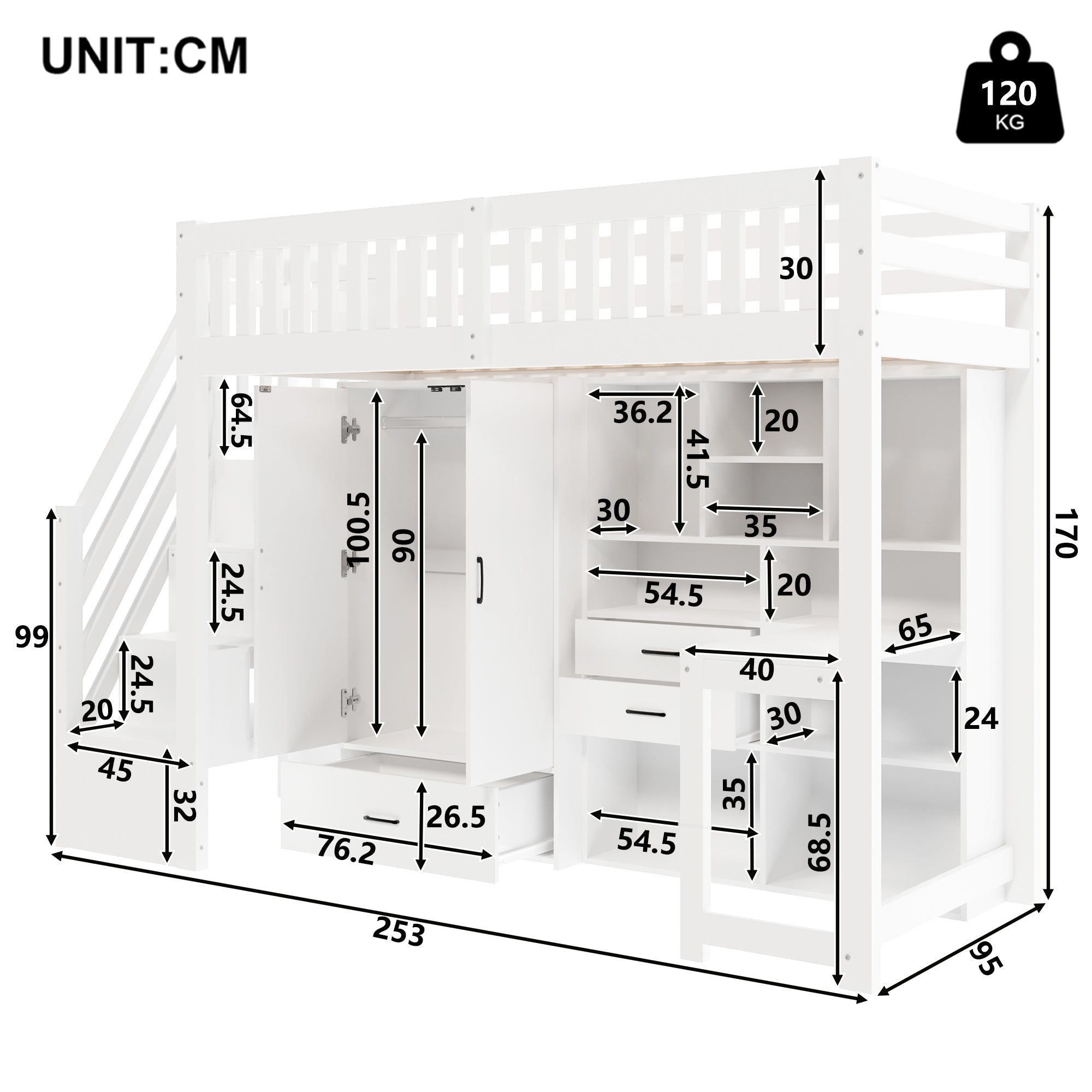 Loft Bed with Wardrobe, Desk and Storage Ladder, White