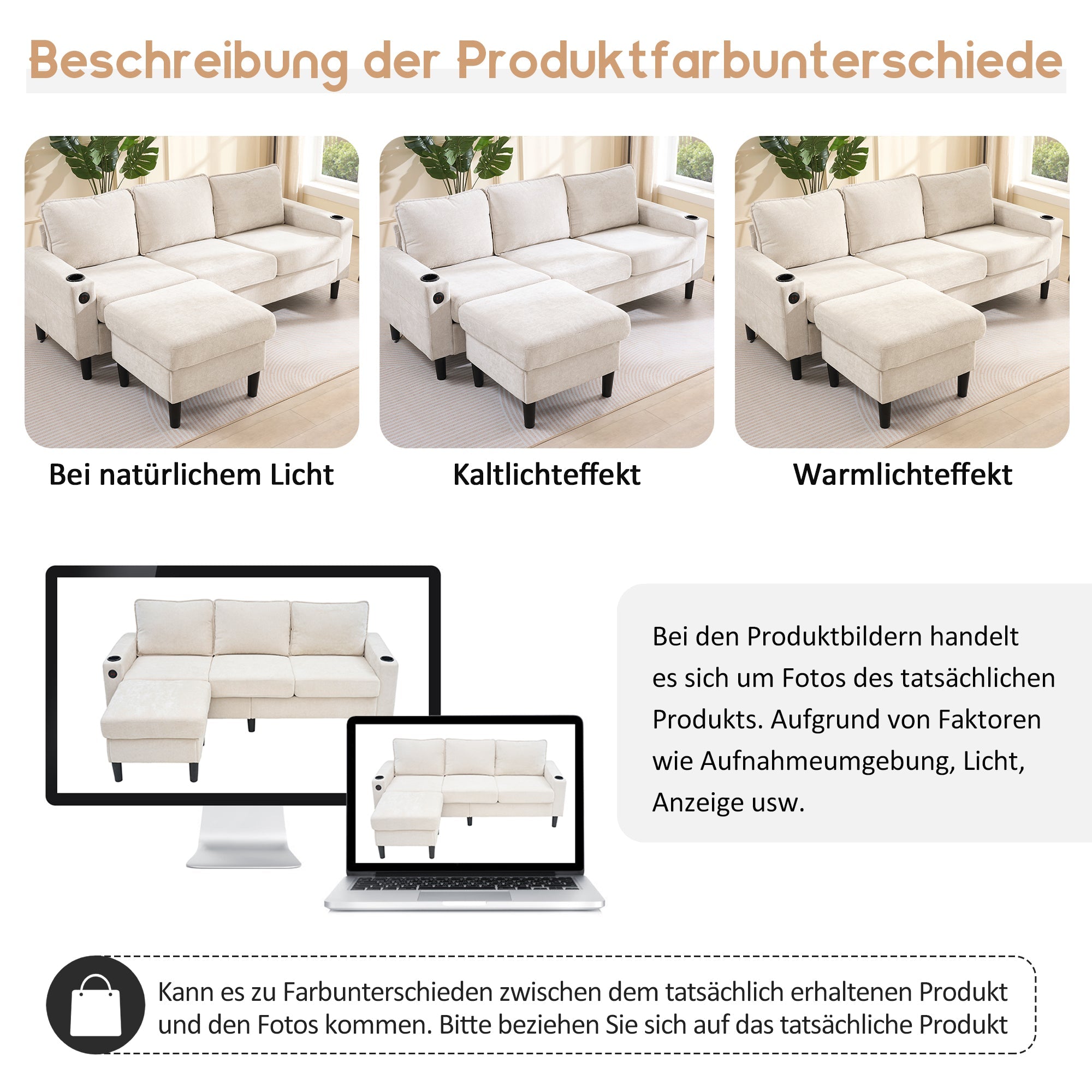 Upholstered Sofa, 3-Seater L-Shaped Sofa Bed with USB & Type-C Ports & Cup Holders, Beige