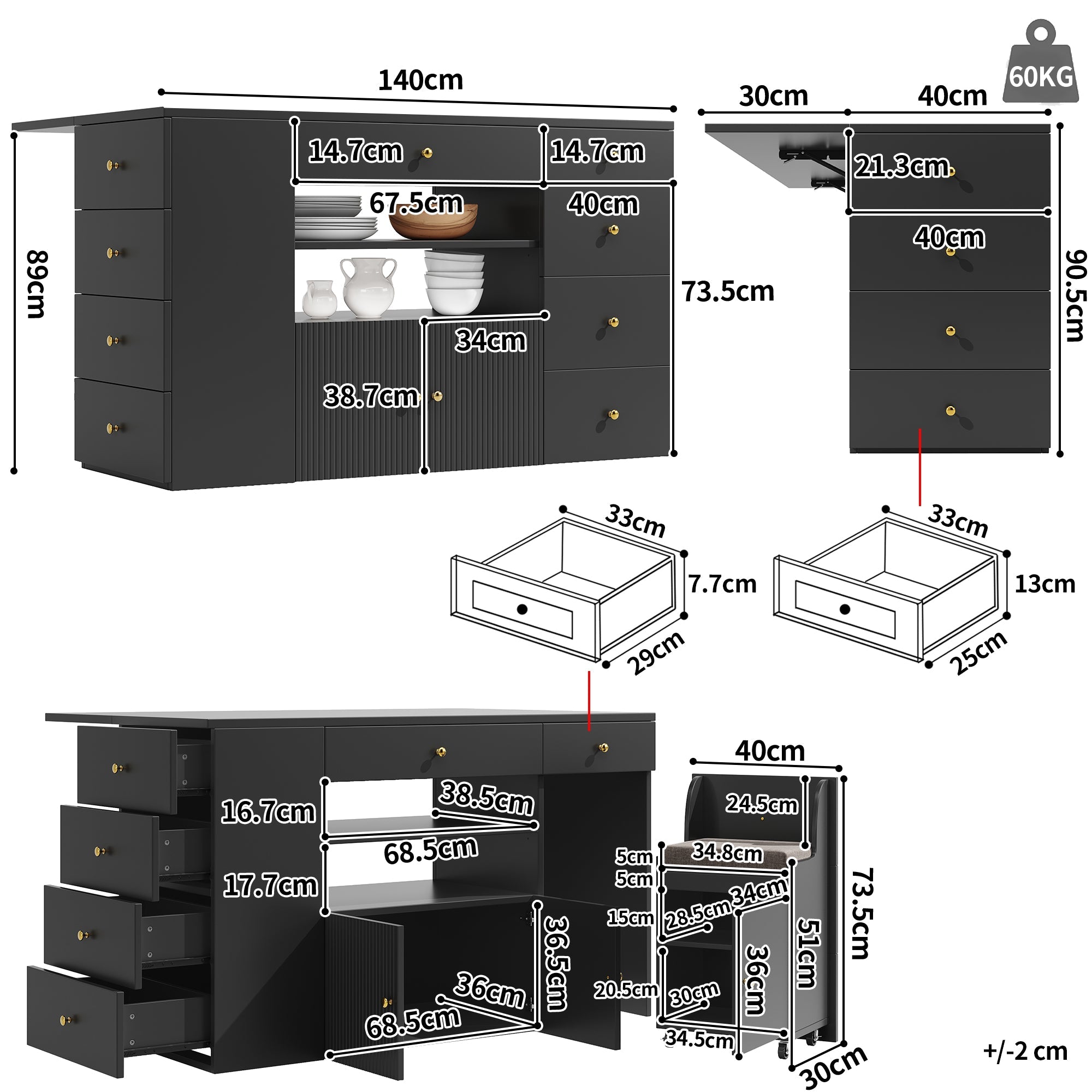 Kitchen Island Cabinet Adjustable 140cm with 6 Drawers Bar Stools White/Black