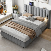 Upholstered Bed 4ft6 Double, 135x190cm, with Stereo, USB-A & USB-C, Lighting, Electrical Plug, Soft Headboard, Velvet & Iron, Grey