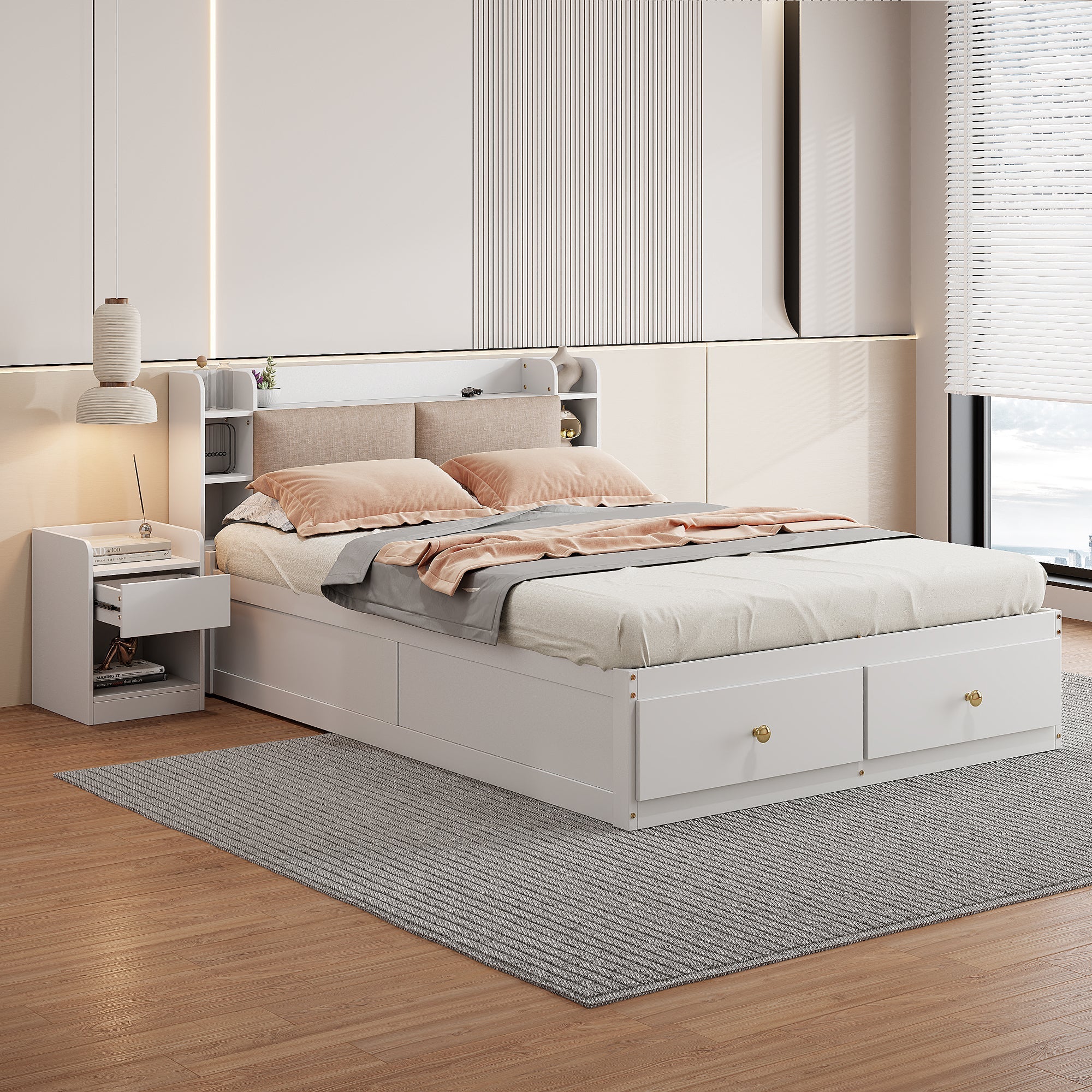 Combo Bed 140*200cm, Storage Headboard with Drawers & Sofa Bench, Solid Wood White
