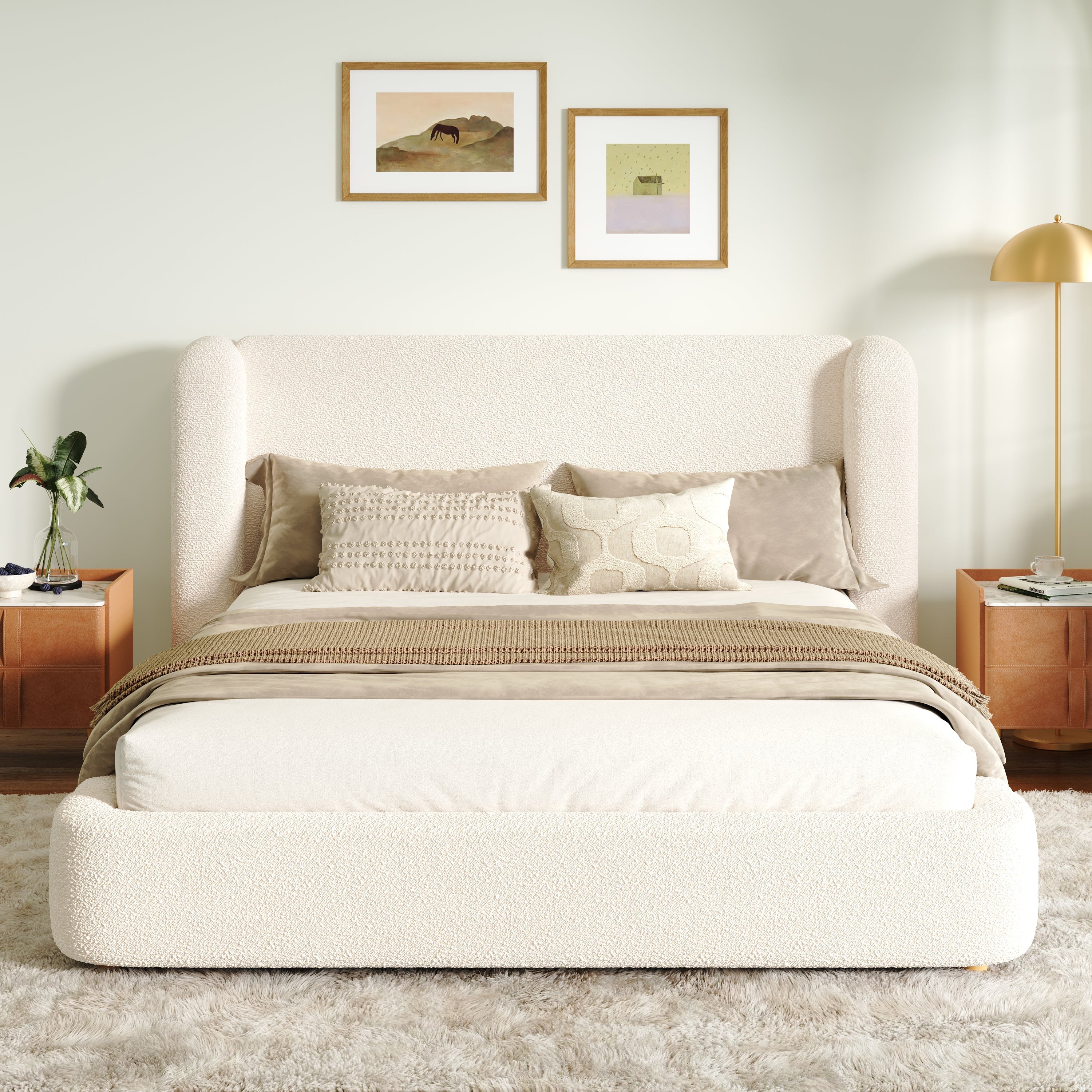 Upholstered Double Bed with Hydraulic Storage, Slatted Frame, and Headboard, Beige Bouclé, 160 x 200
