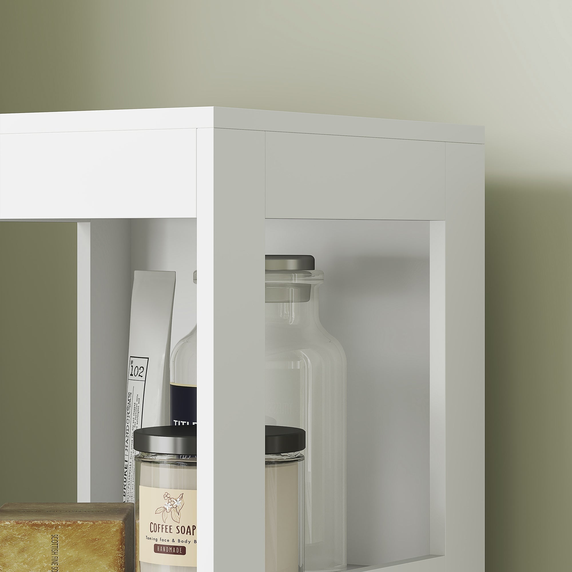 Schlanker Badezimmerschrank, Hochschrank mit 2 Schubladen, 3 offenen Fächern, Weiß