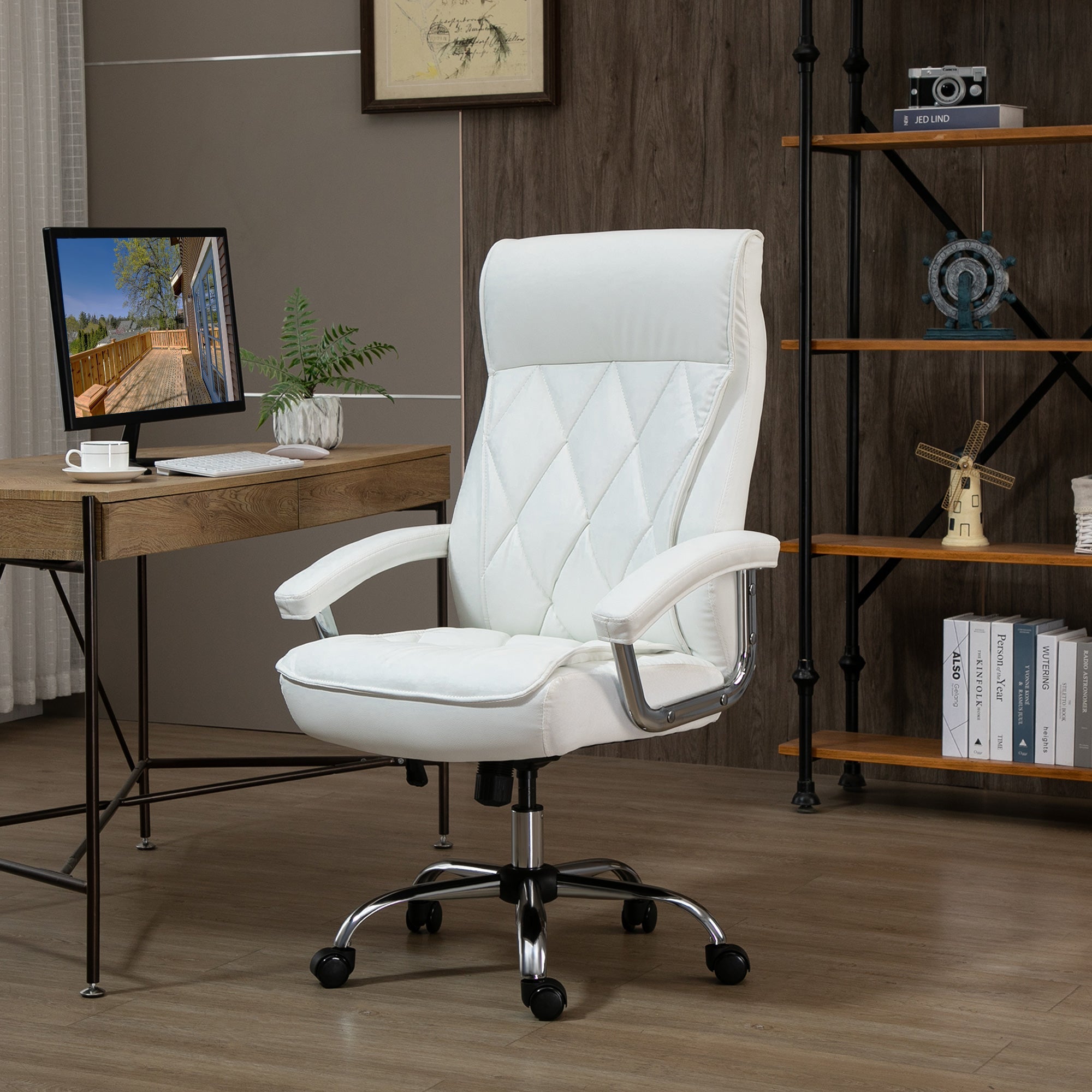 Vinsetto Office Chair, Ergonomic Swivel Rocker, Faux Leather White