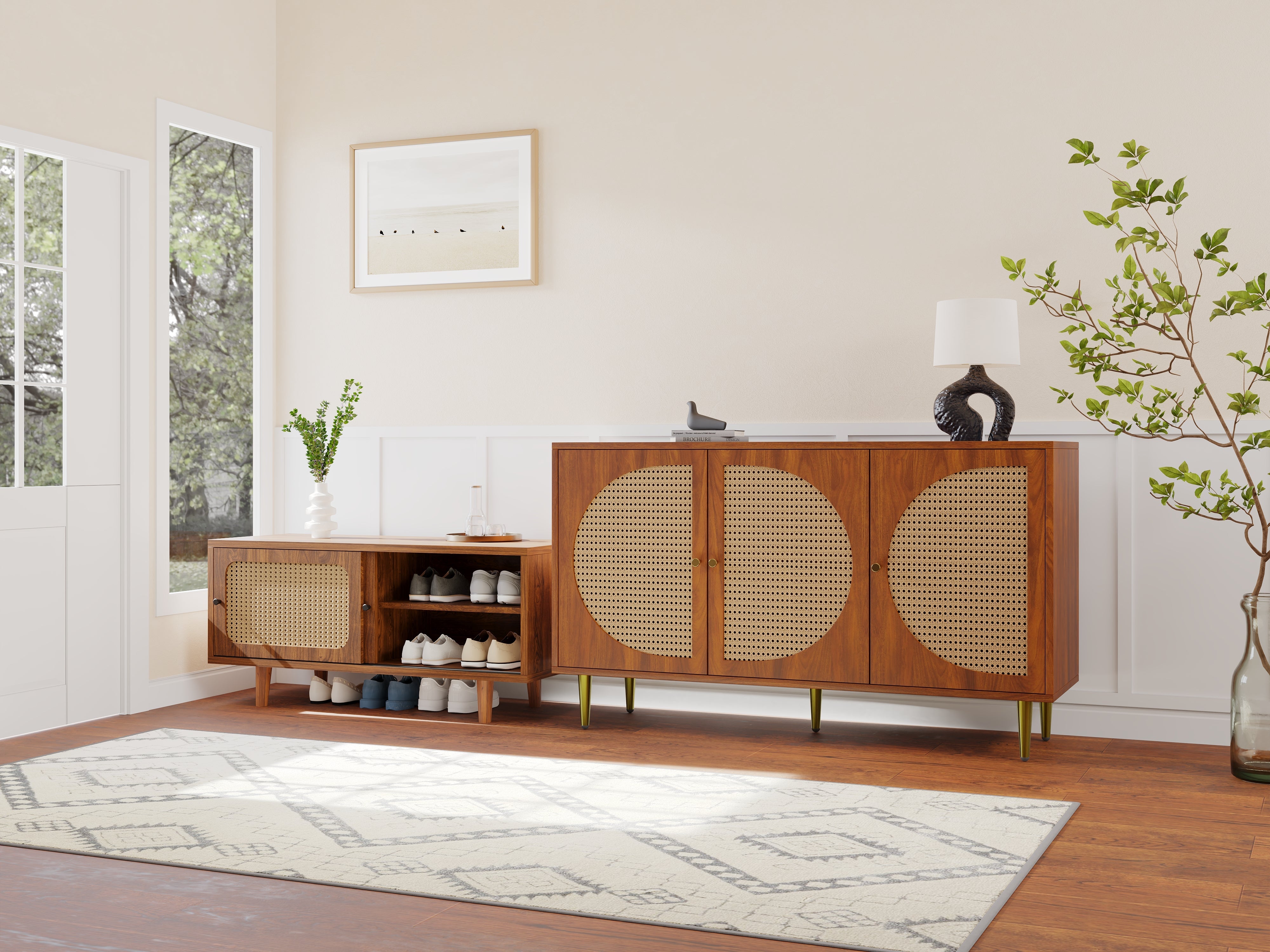 Rattan Sideboard Set, Living Room Chest & Shoe Cabinet, Walnut