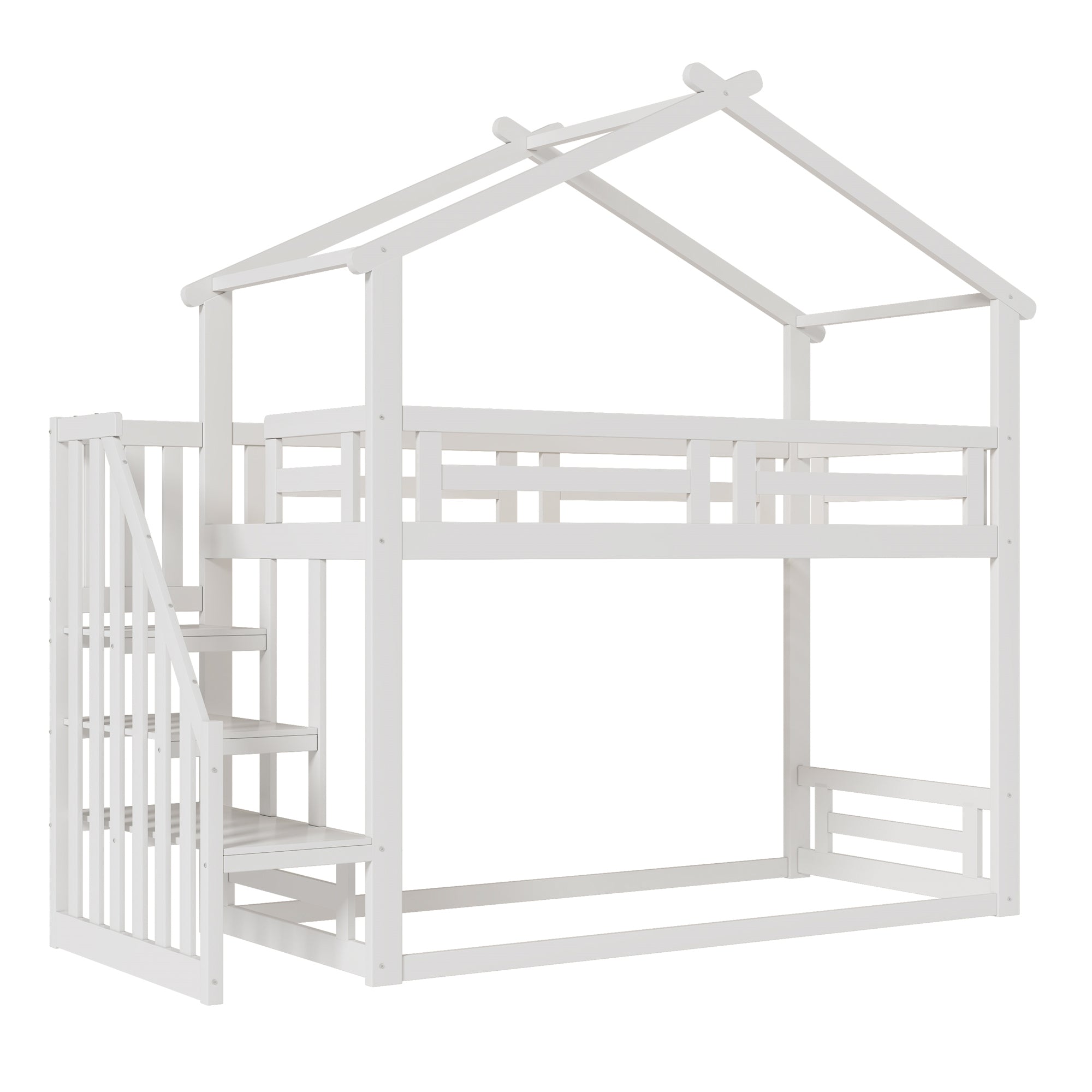 Children's Bed 90x200cm, Low Bunk Bed with Safety Stairs, Solid Wood, White