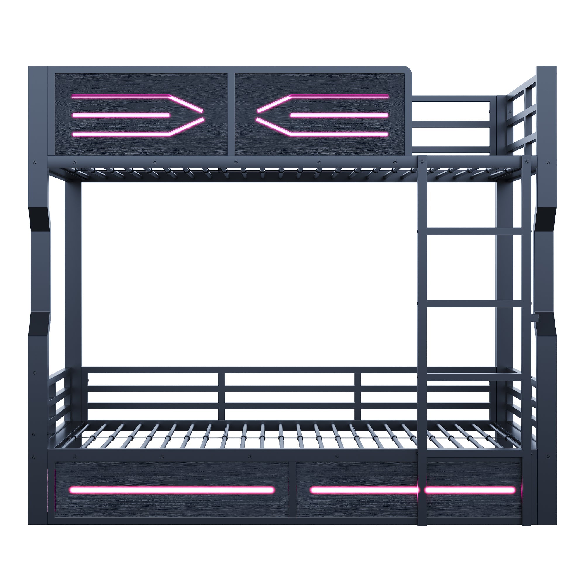Iron Bunk Bed with LED Lighting and High Side Rails, 90x200cm, Black Iron