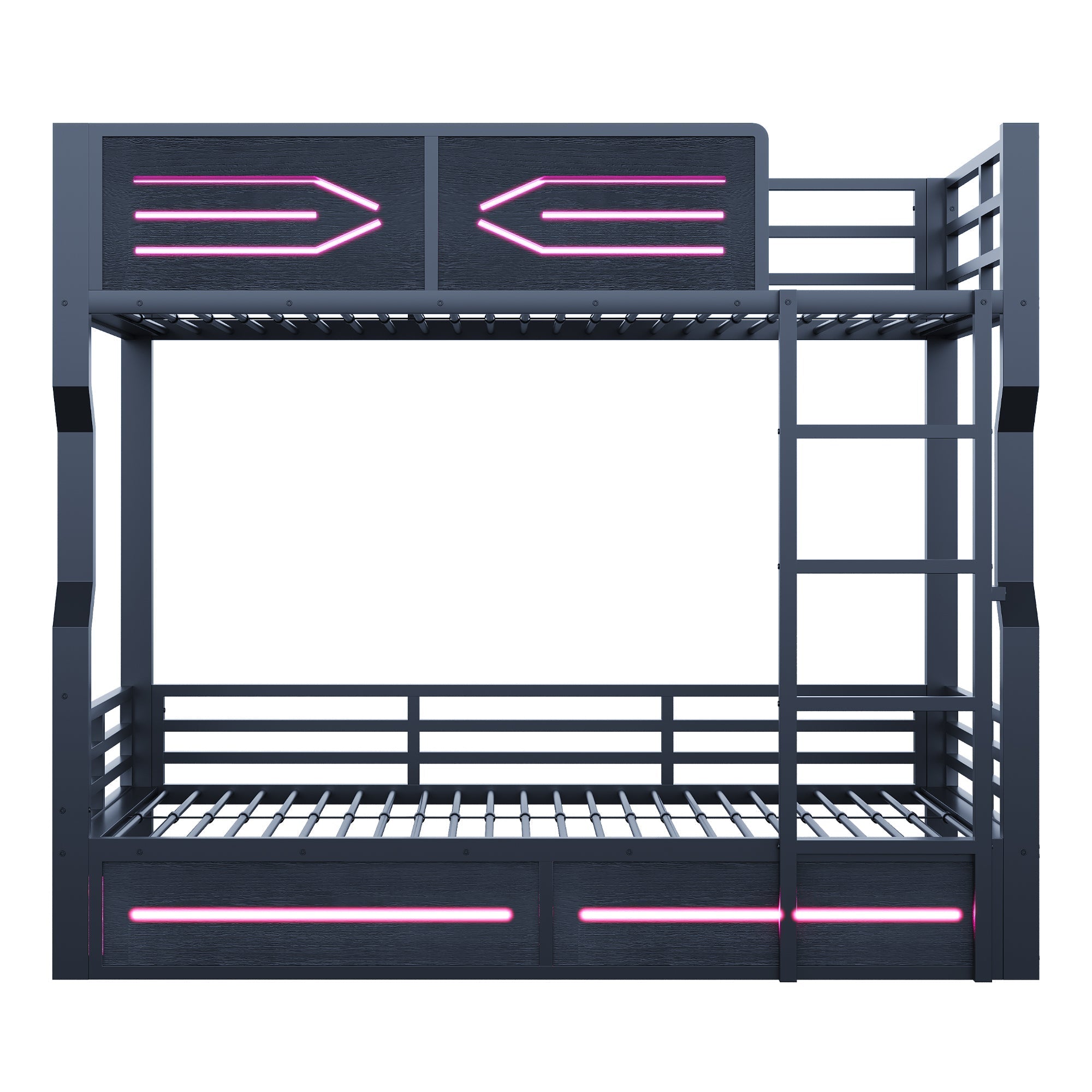 Iron Bunk Bed with LED Lighting and High Side Rails, 90x200cm, Black Iron
