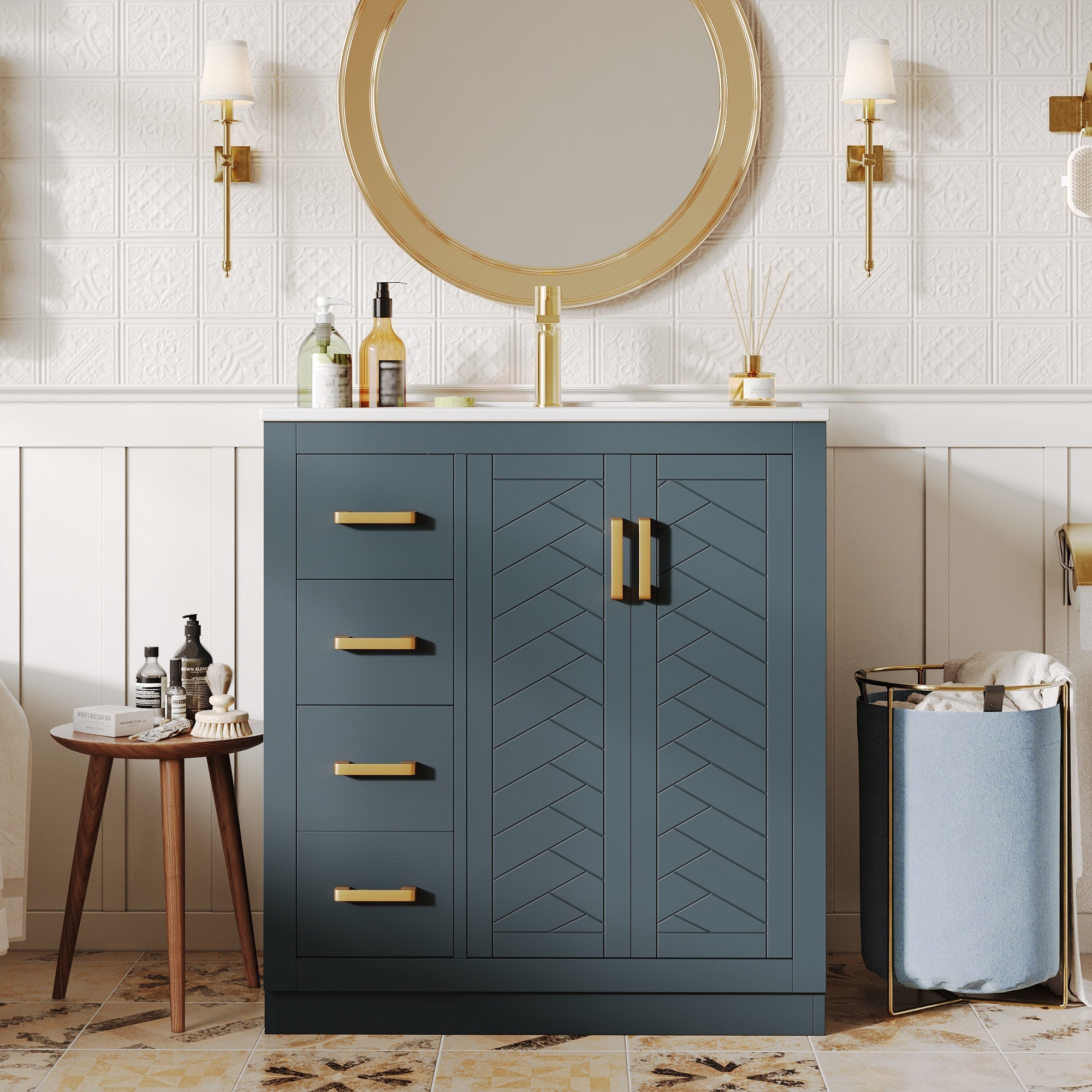 Bathroom Vanity Unit with Ceramic Sink and 3 Drawers, Blue