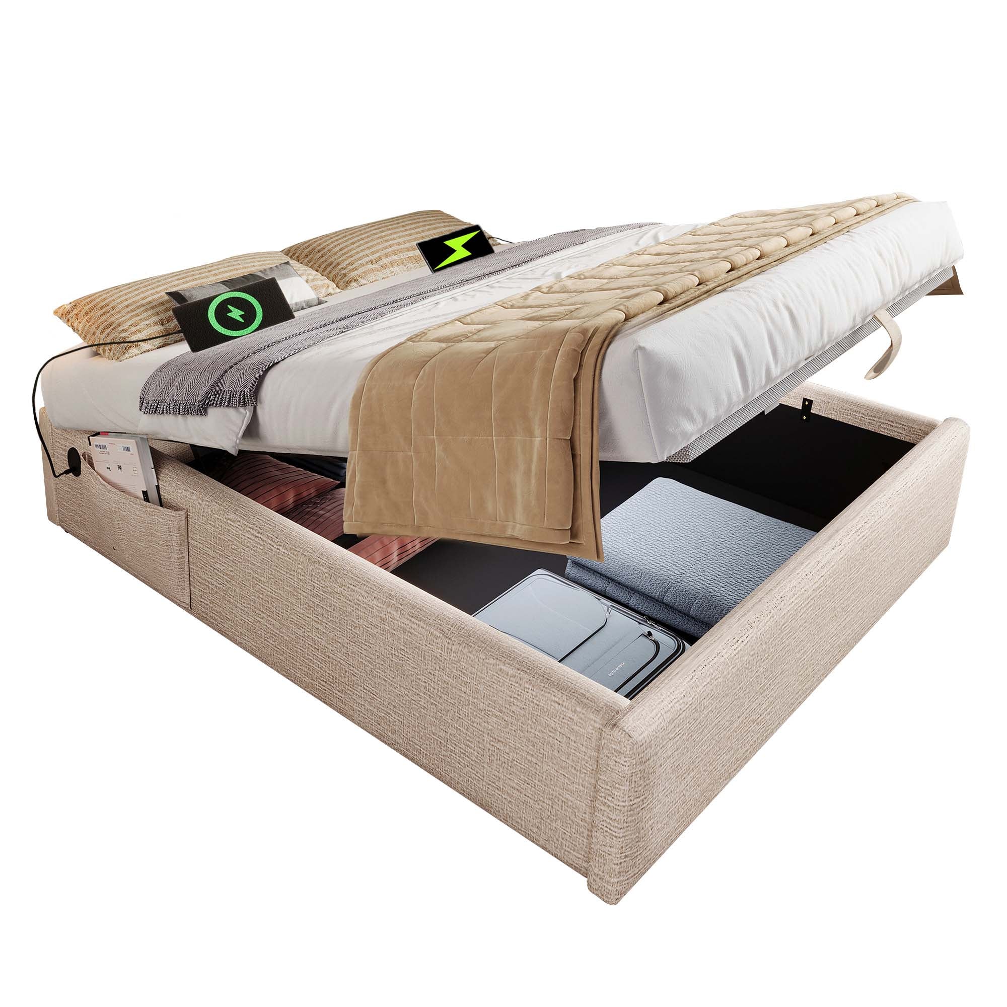 Upholstered Double Bed 160x200cm, USB-C & Slatted Frame, Natural Linen