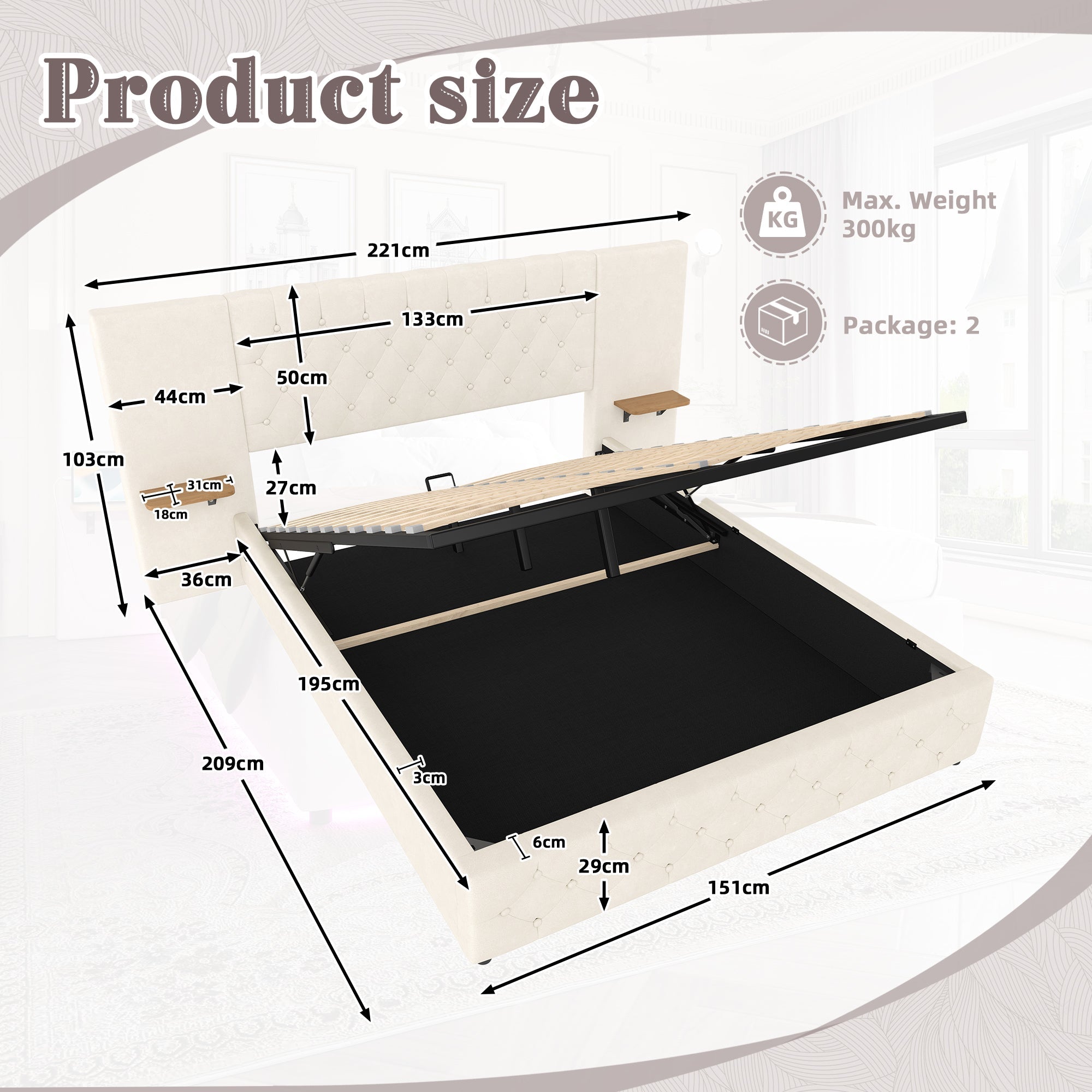 Modern 150*200cm Bed Frame with LED, USB-C Ports, Hydraulic Lift Storage, Beige