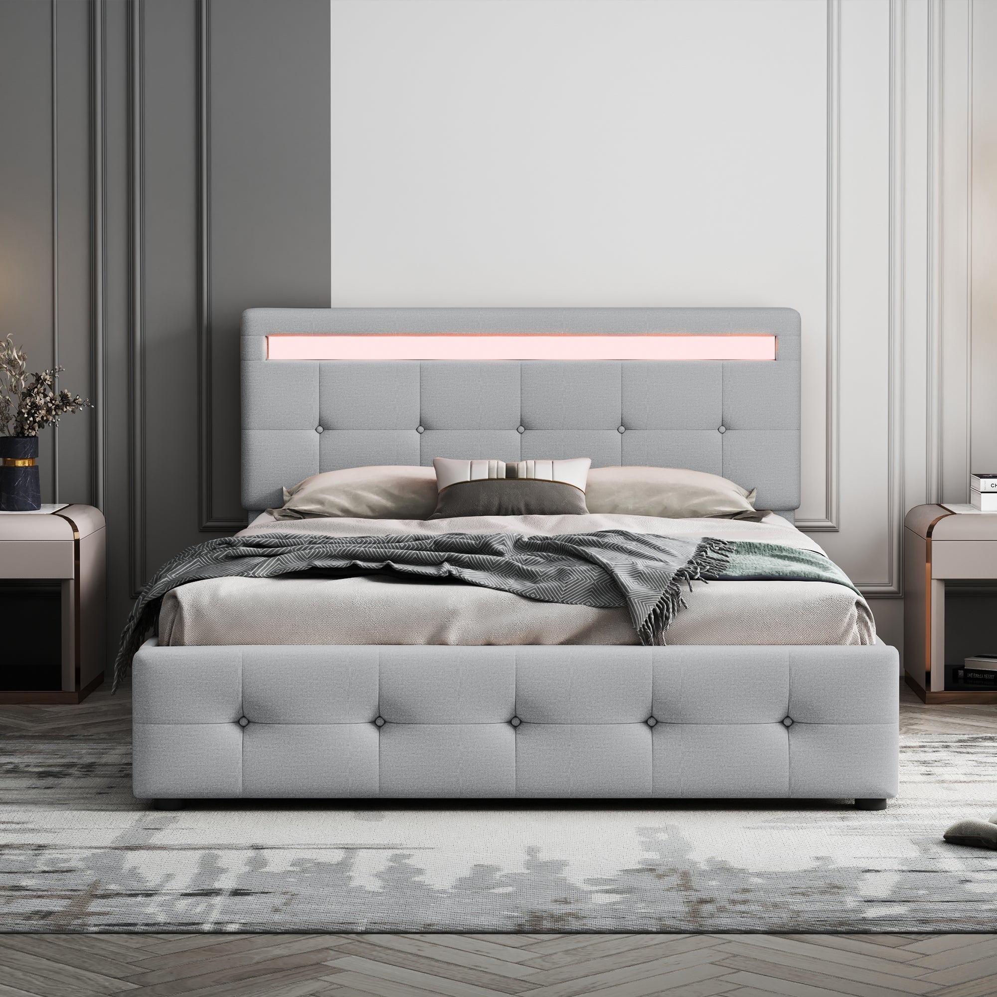 Upholstered Bed, 140x200cm, LED, 4 Drawers, Linen, Grey