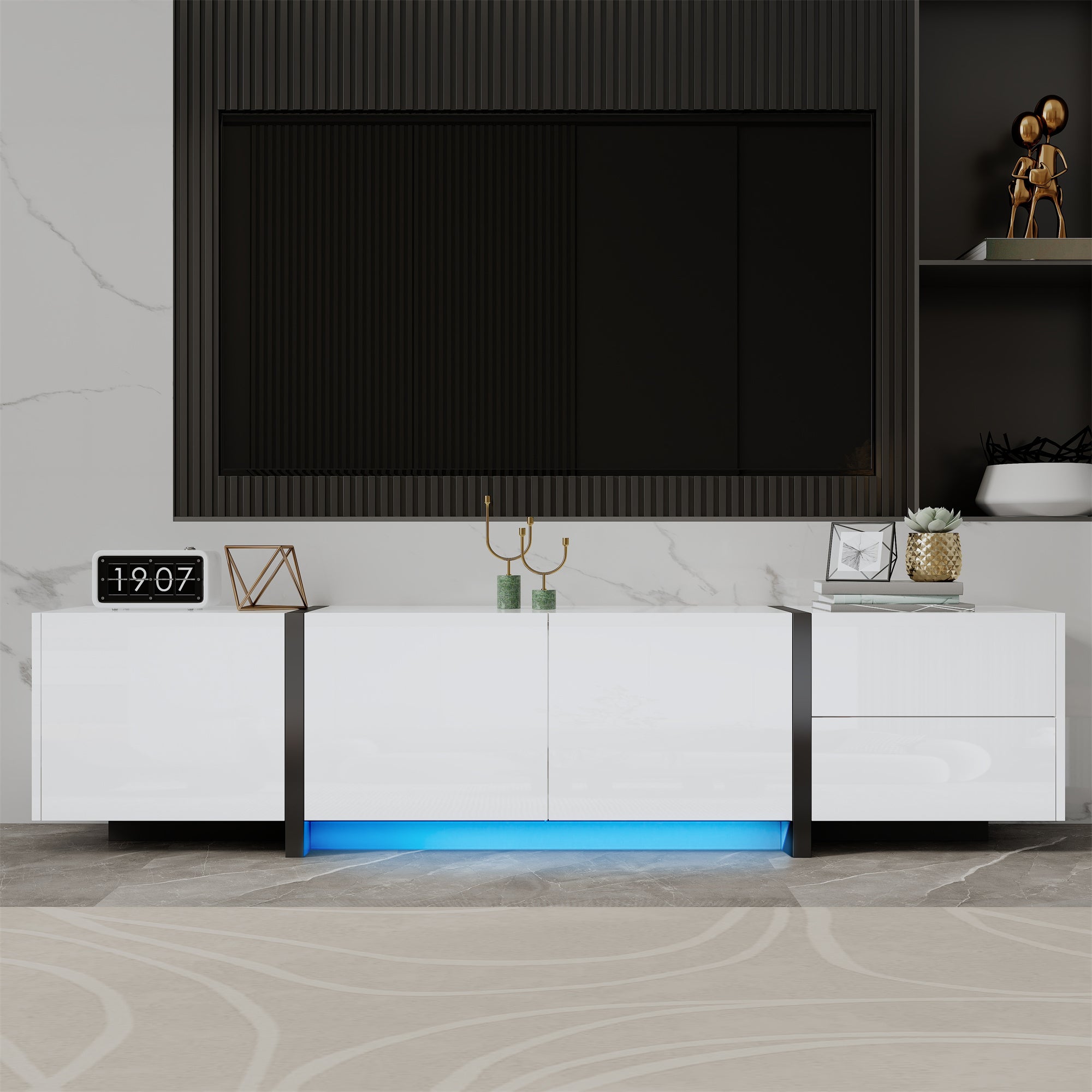 TV Cabinet, Lowboard, High-Gloss White with Black Legs