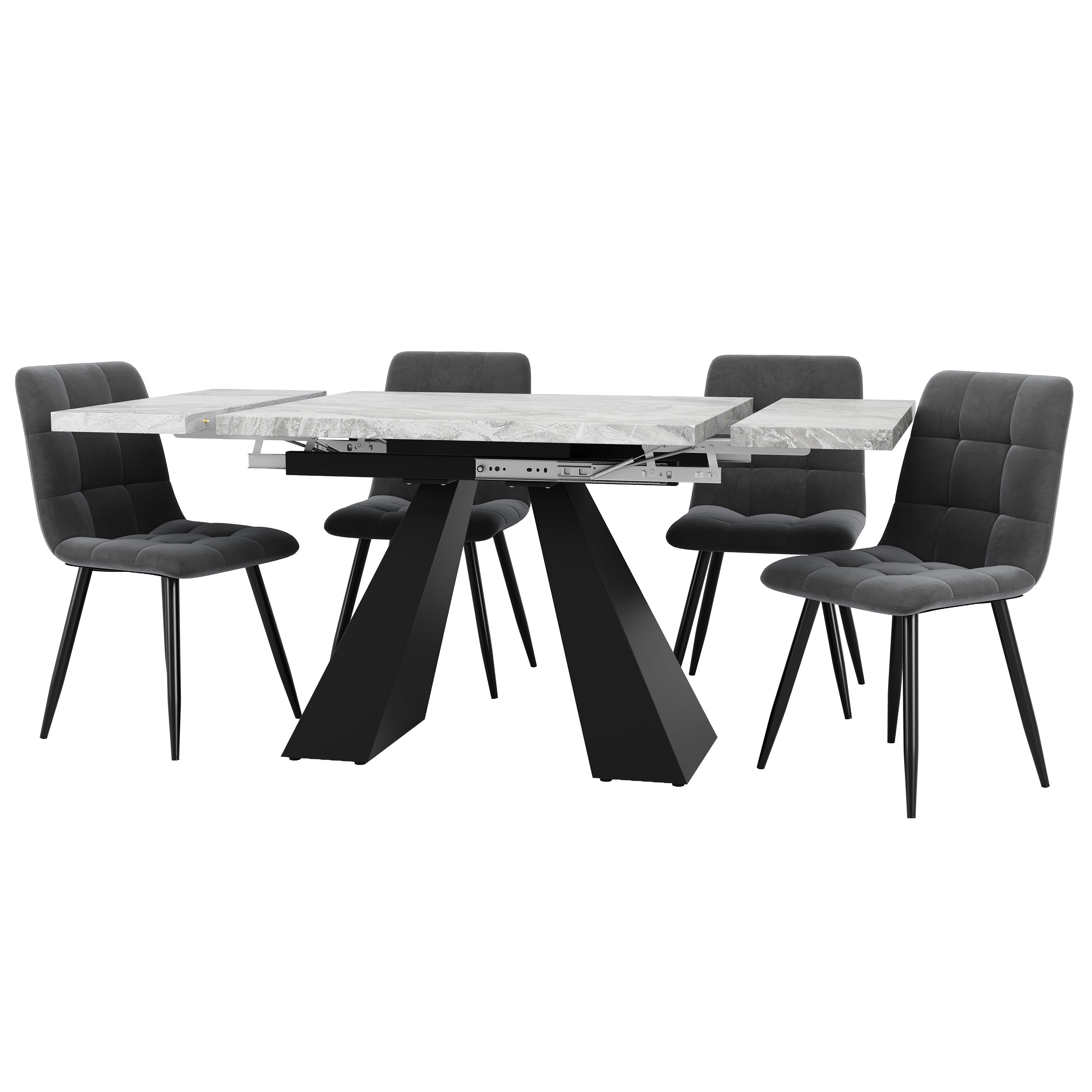 Dining Set 5-Piece Extendable 4-Seater Table Pedestal Legs + 4 Velvet Chairs - Grey