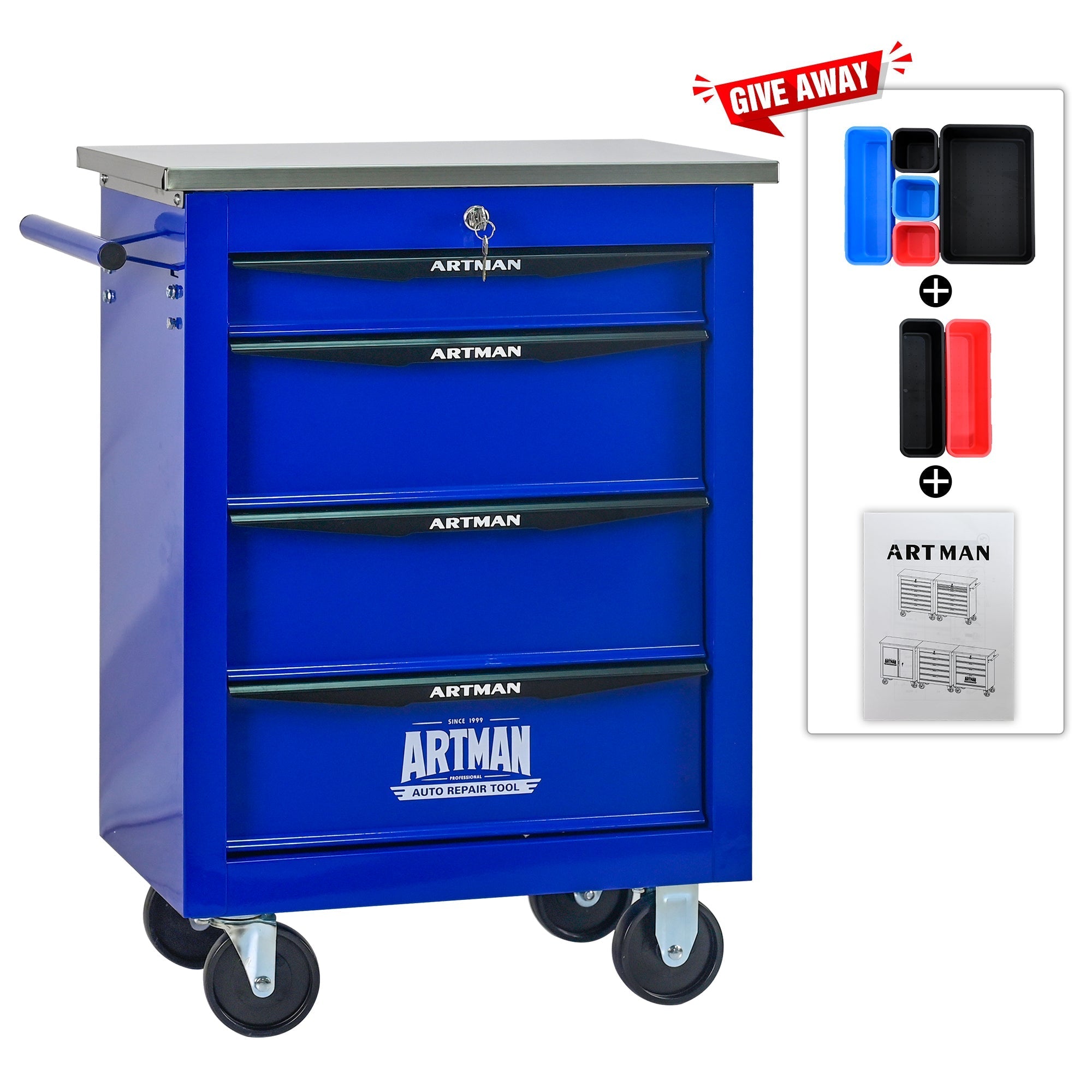 4-Drawer Tool Trolley, Multifunctional Rolling Storage, Metal, Black & Blue