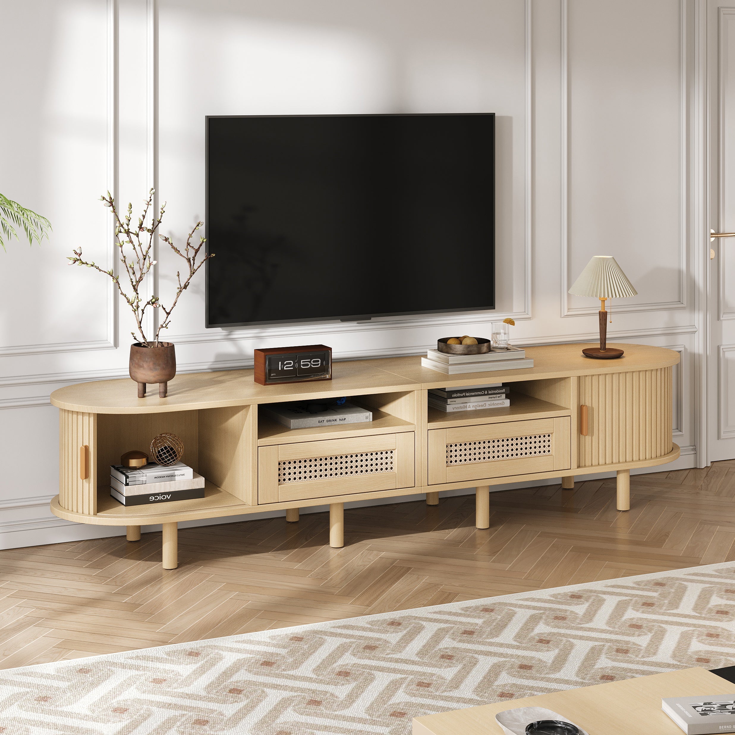 Oval TV Stand for 70 Inches, 2 Rattan Drawers, 2 Sliding Doors, Wood Color