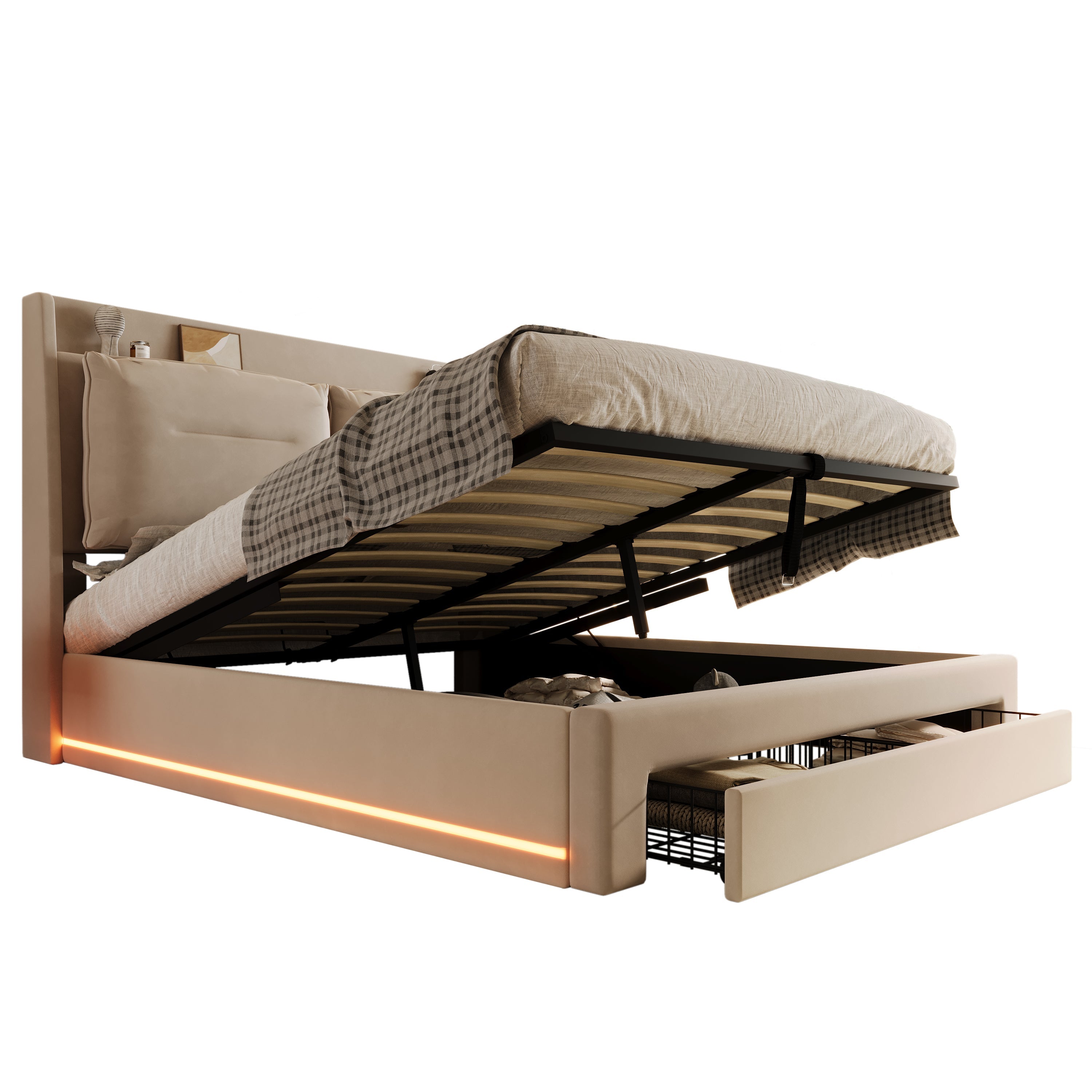 Upholstered Bed 160x200 Hydraulic Storage LED Light Drawers - Velvet Beige