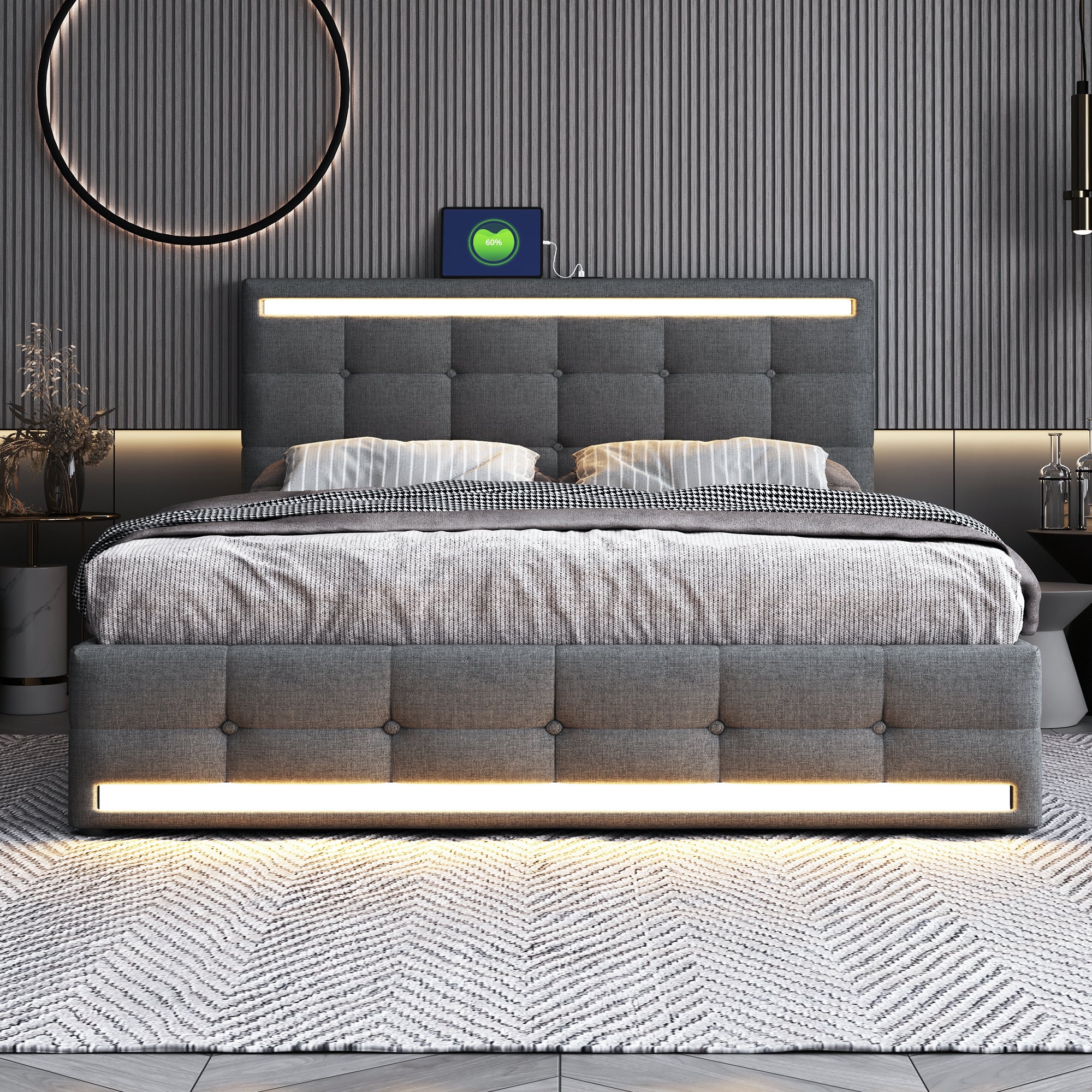 Upholstered Bed 140x200, LED, 4 Drawers, 2 USB Charging Stations, Linen Fabric Gray