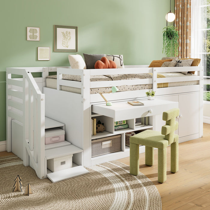 Multifunctional Children's Bed with Stairs, Storage and Reversible Desk, 90x200cm, White Wood