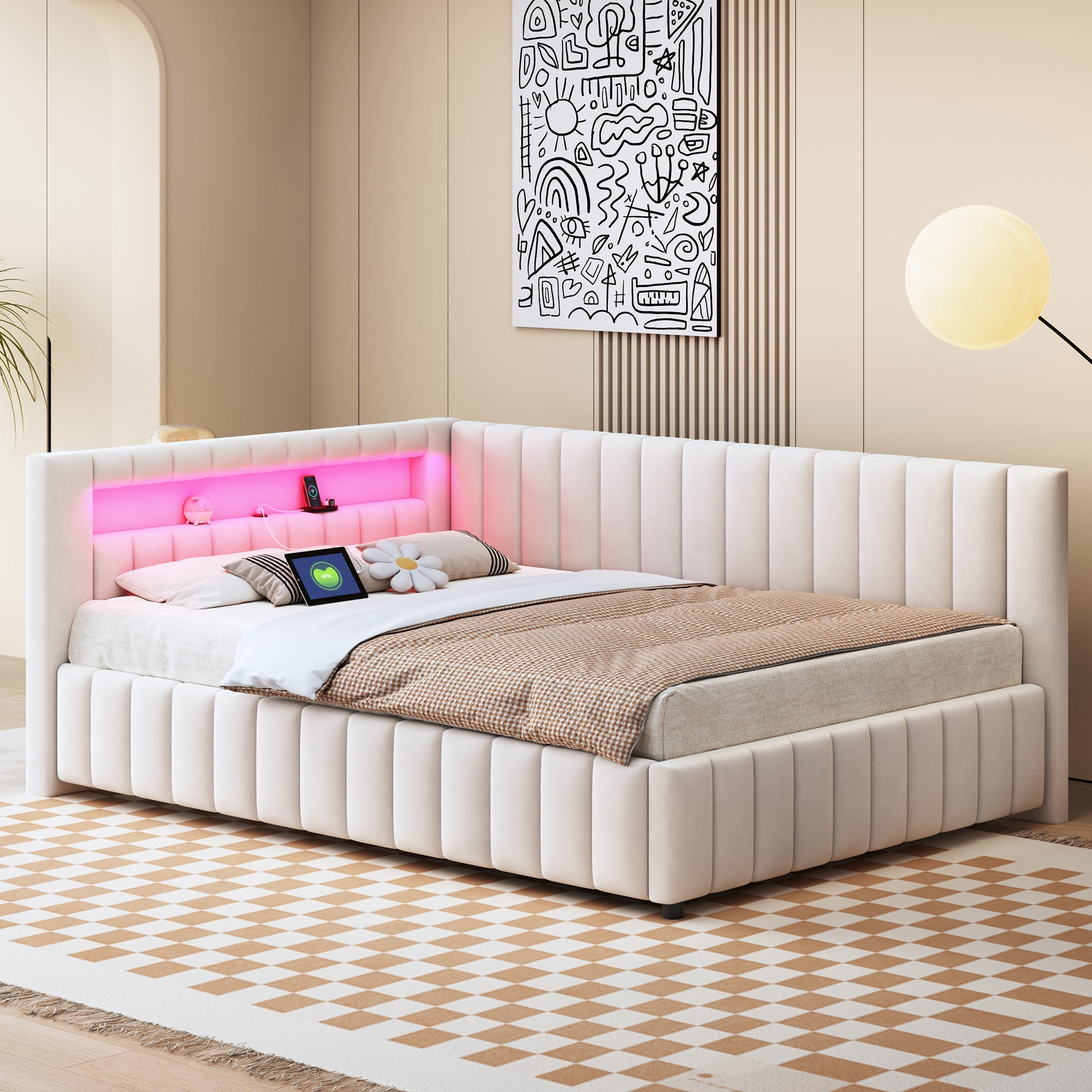 Upholstered Sofa Bed 140x200 with LED & USB Charging Port, Velvet Beige