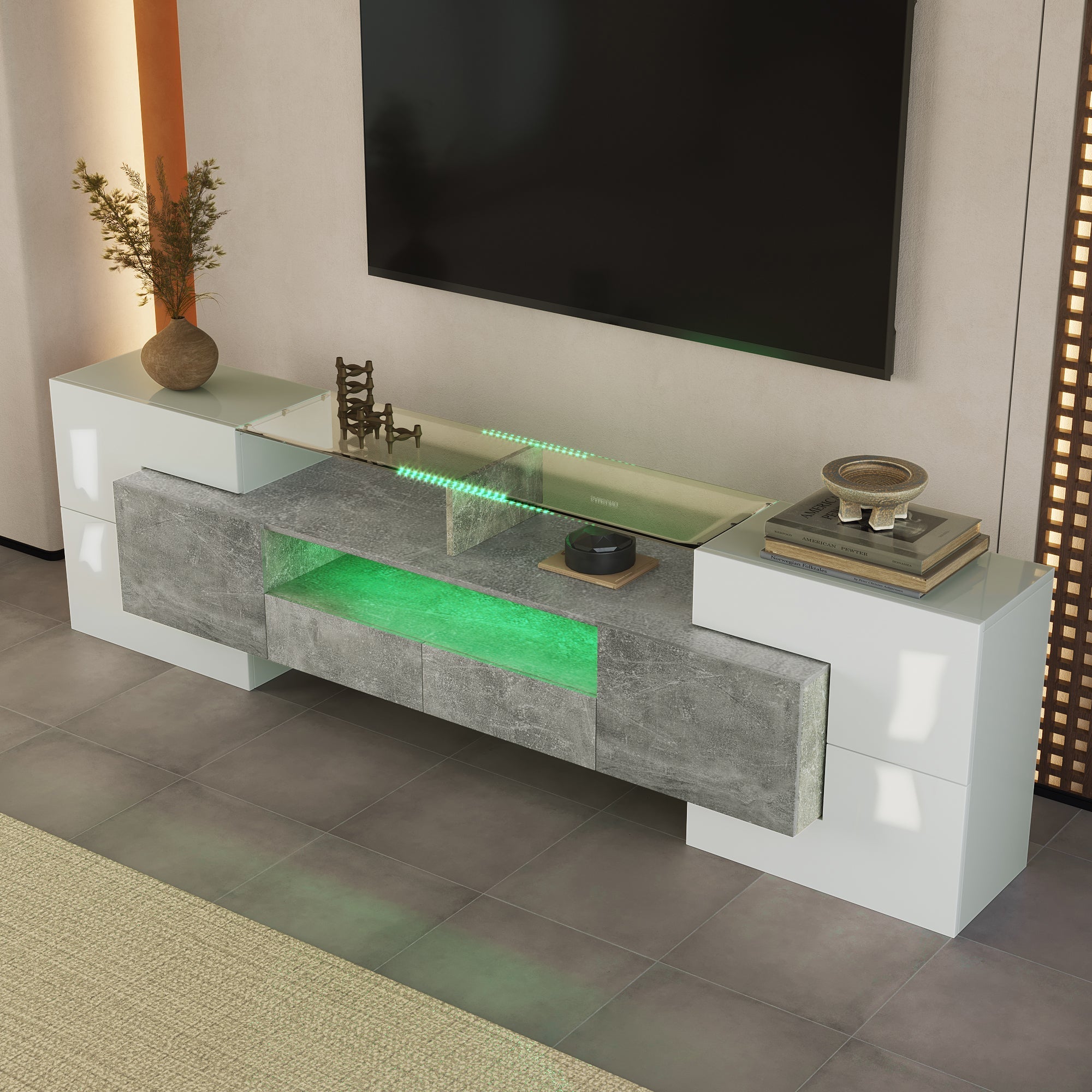 TV Cabinet Lowboard 200cm LED High-Gloss Glass - White/Grey