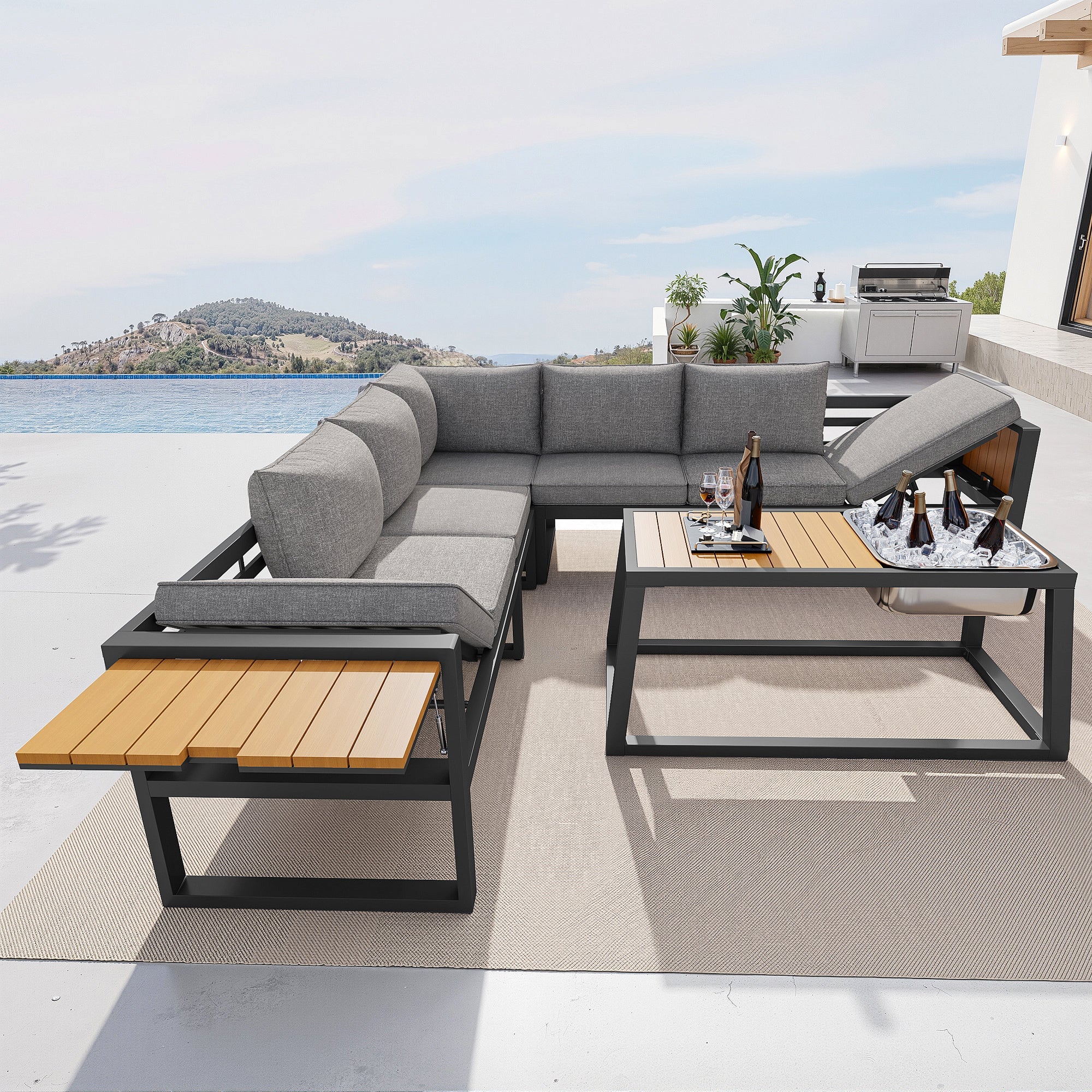 Modular Outdoor Sofa Set with Adjustable Backrest and Metal Ice Bucket, Grey/Beige