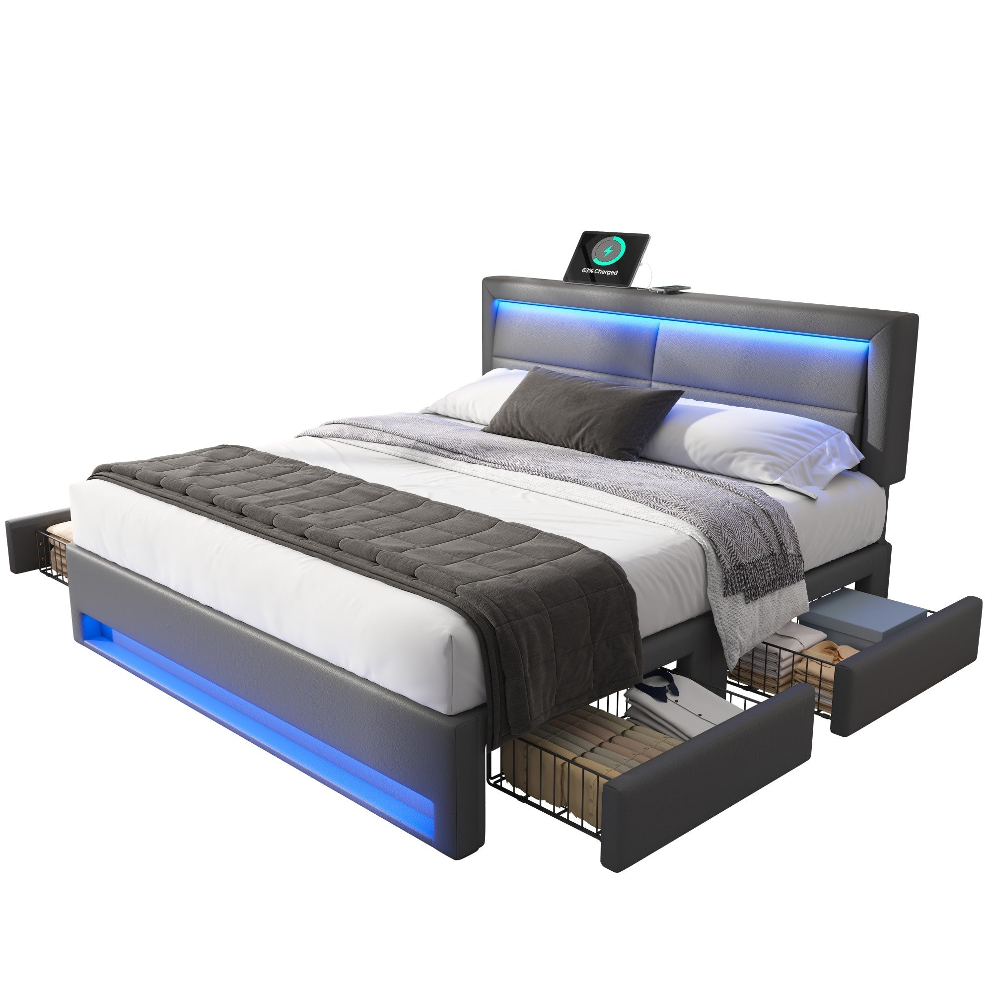 Upholstered Bed 160x200cm USB LED 4 Drawers - Grey PU