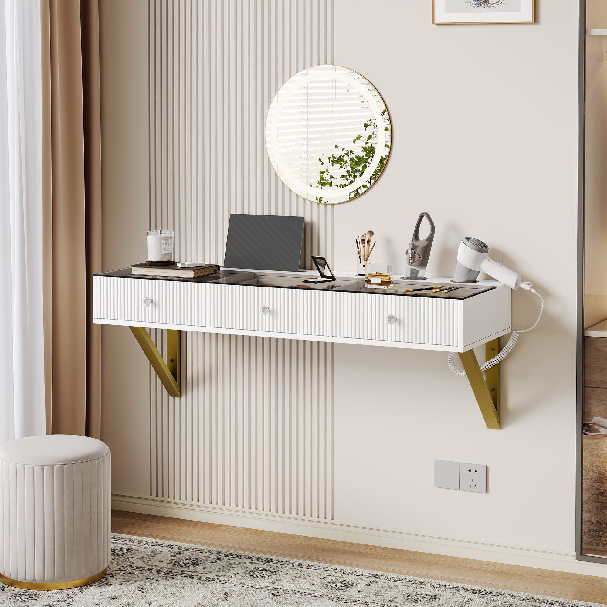 Wall-Mounted Vanity Table with 3 Drawers, Glass Top, Tablet and Cup Holder, White