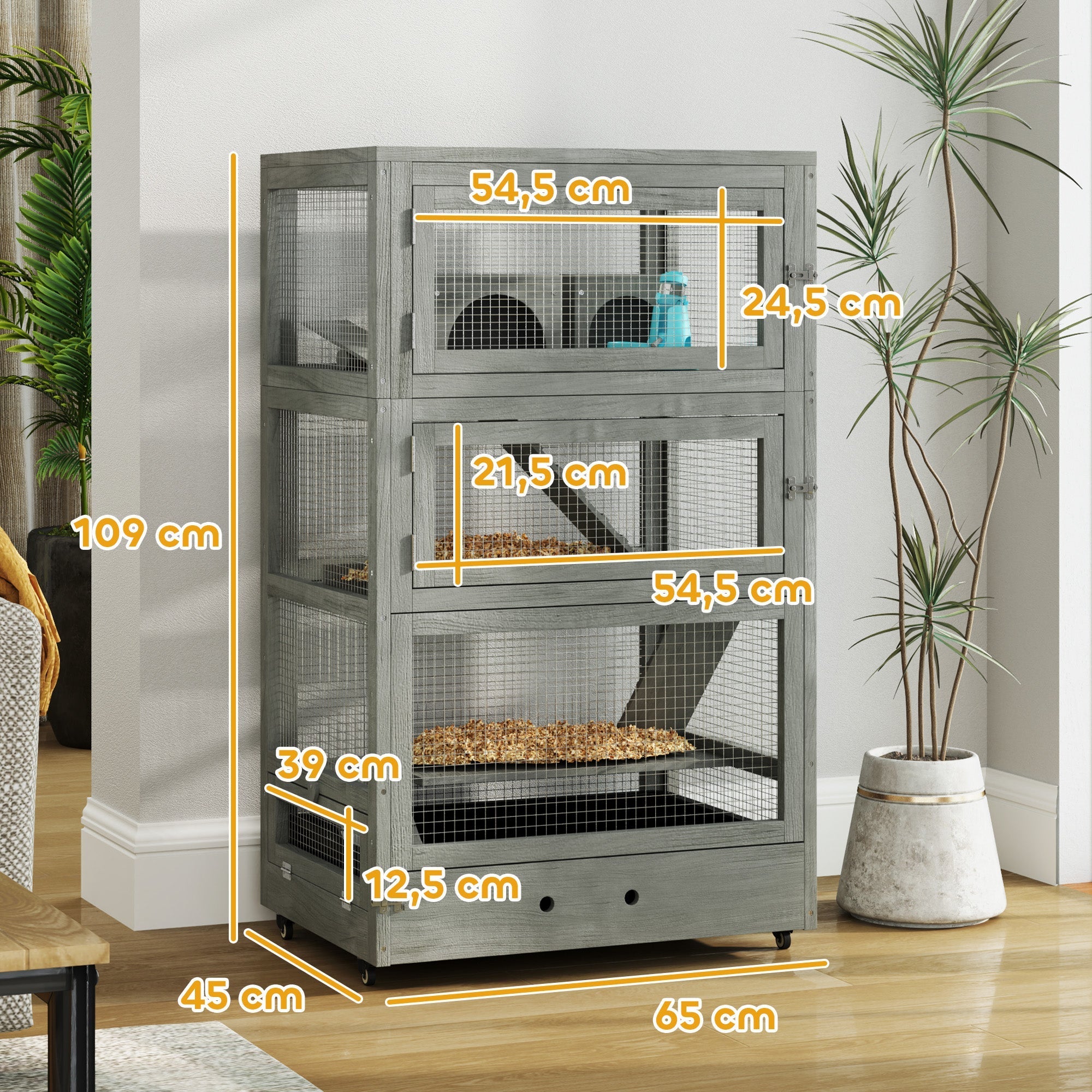 Wooden Dwarf Hamster Cage, 4-Tier with Huts, Food Bowls, Gray