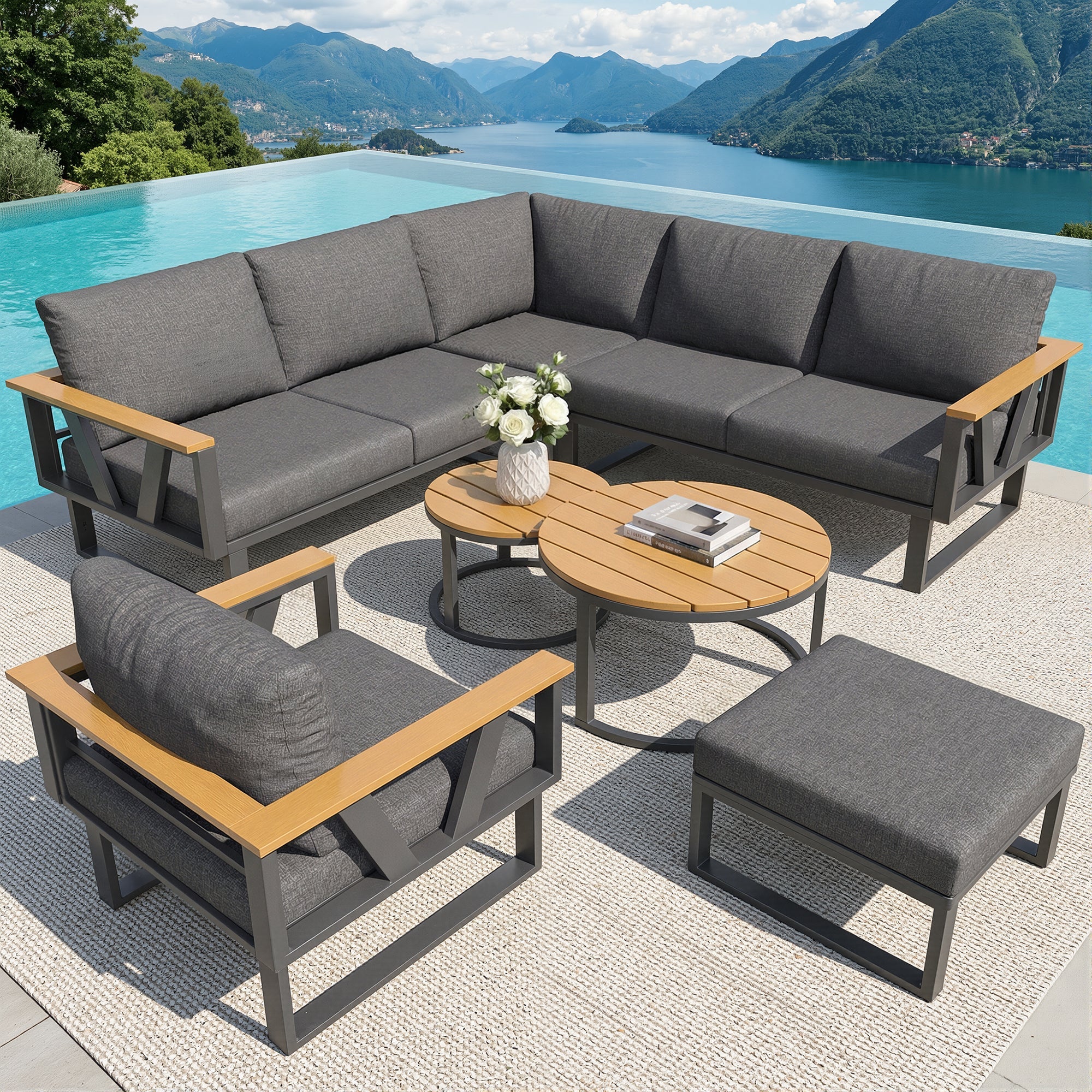 Modular Outdoor Seating Set with 9cm Cushions and 2 Wooden Tables, Grey/Beige