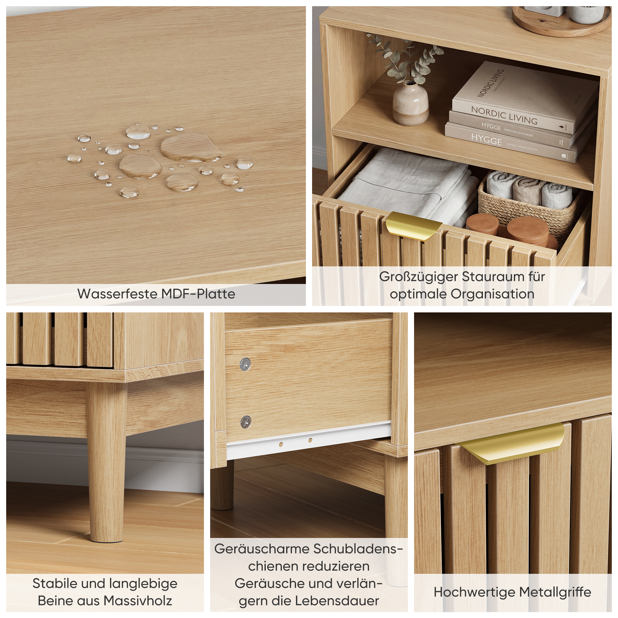 Modern Bedside Table with 1 Drawer and Slatted Design, 45x39x56.5cm, Oak
