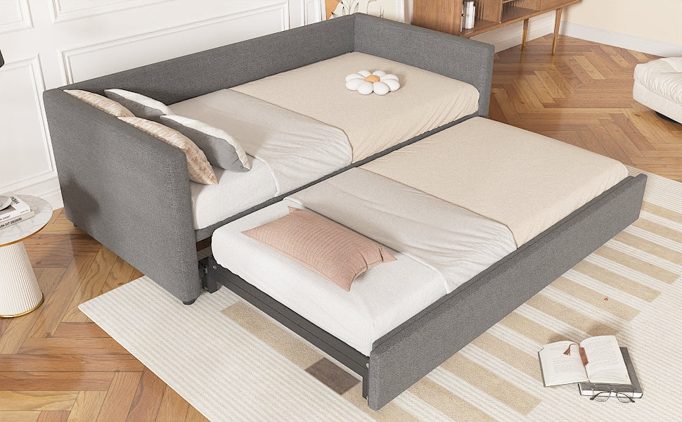 3ft Single Grey Linen Upholstered Bed with Pull-Out Trundle – Daybed Sofa