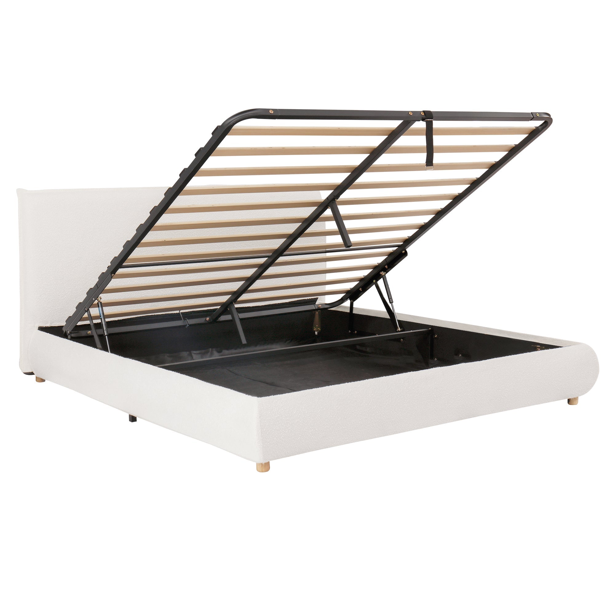 Upholstered Double Bed, 180x200cm Hydraulic Storage Bed with Slatted Frame and Wood Legs, White Bouclé