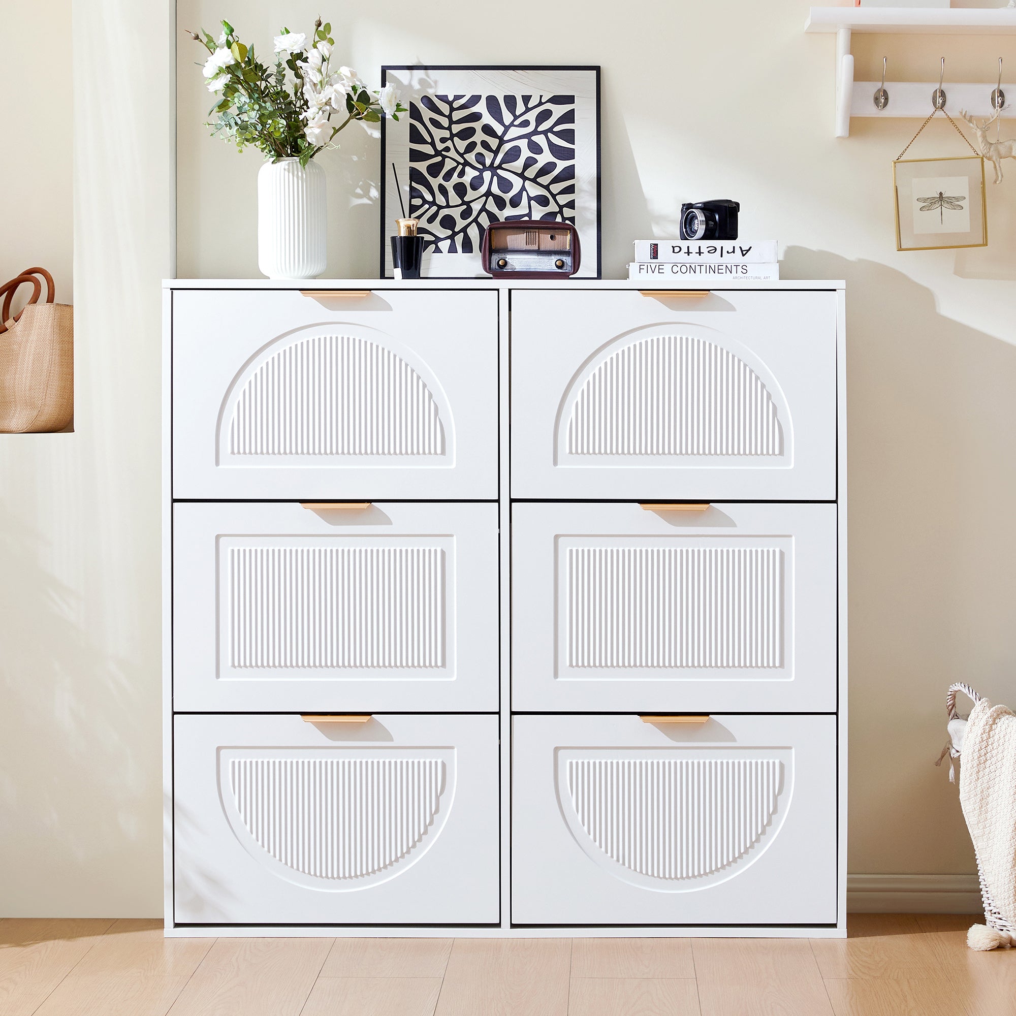 Shoe Cabinet 6 Flaps Open Shelves Freestanding 118x115x25cm - White