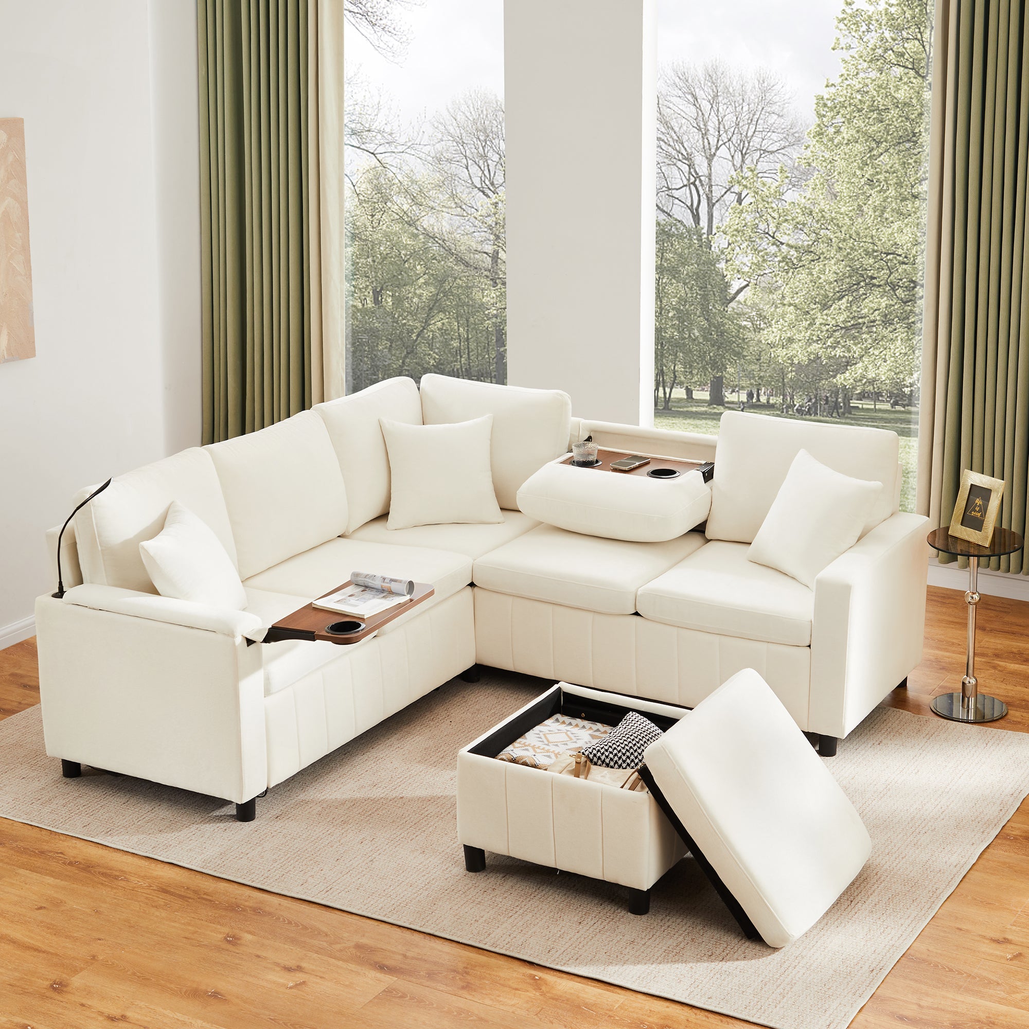Chenille Corner Sofa Bed with Ottoman and USB Charging, Beige