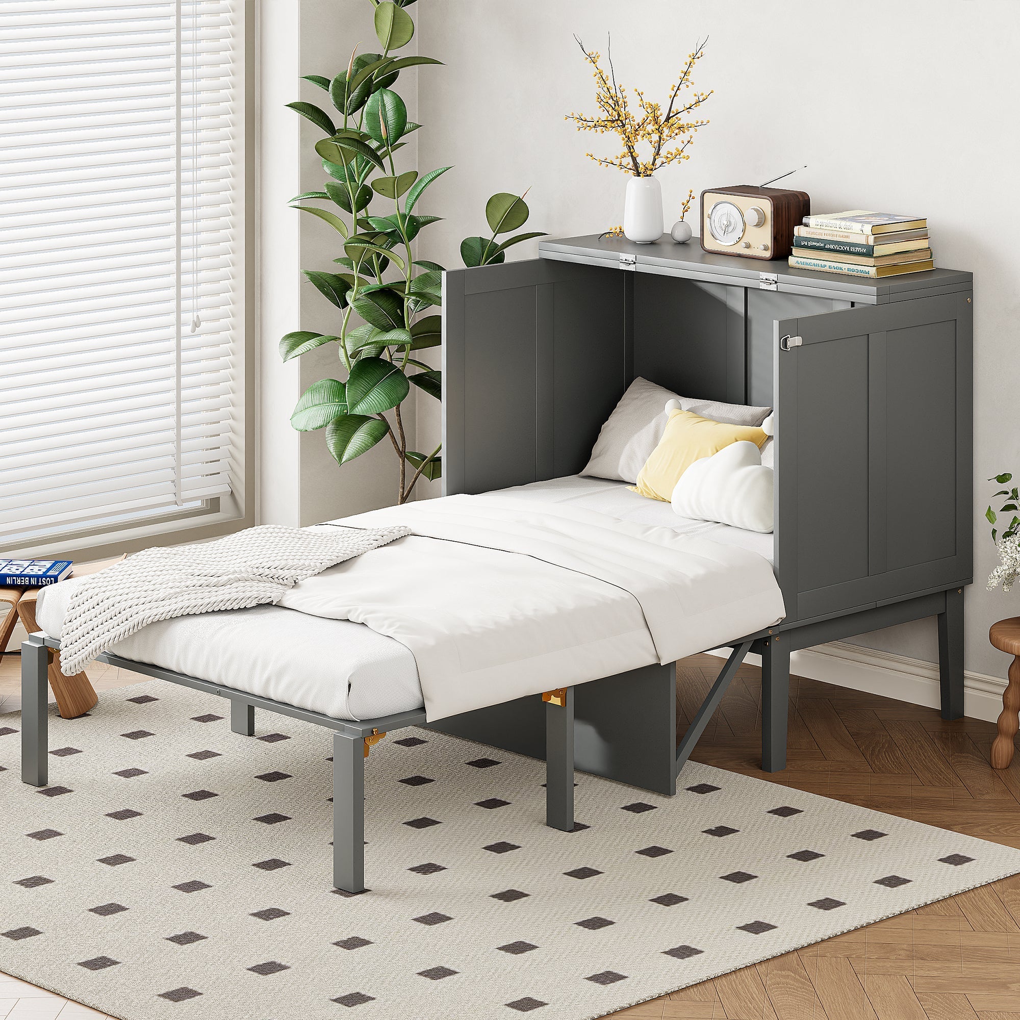 Wall Bed, 90x200 cm, Slatted Frame, Grey