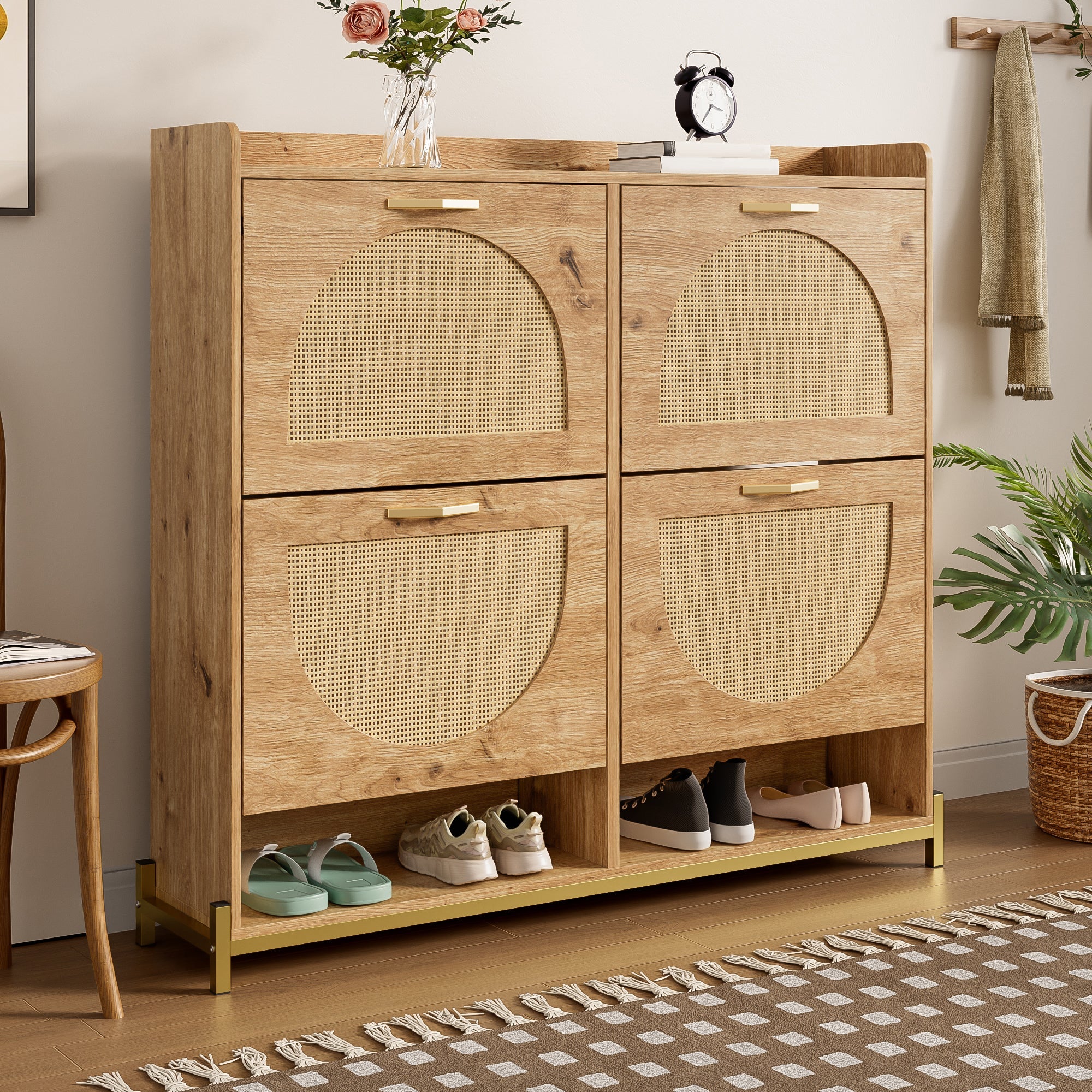 Shoe Cabinet, 4 Doors Metal Frame Top Shelf, Wooden Rattan